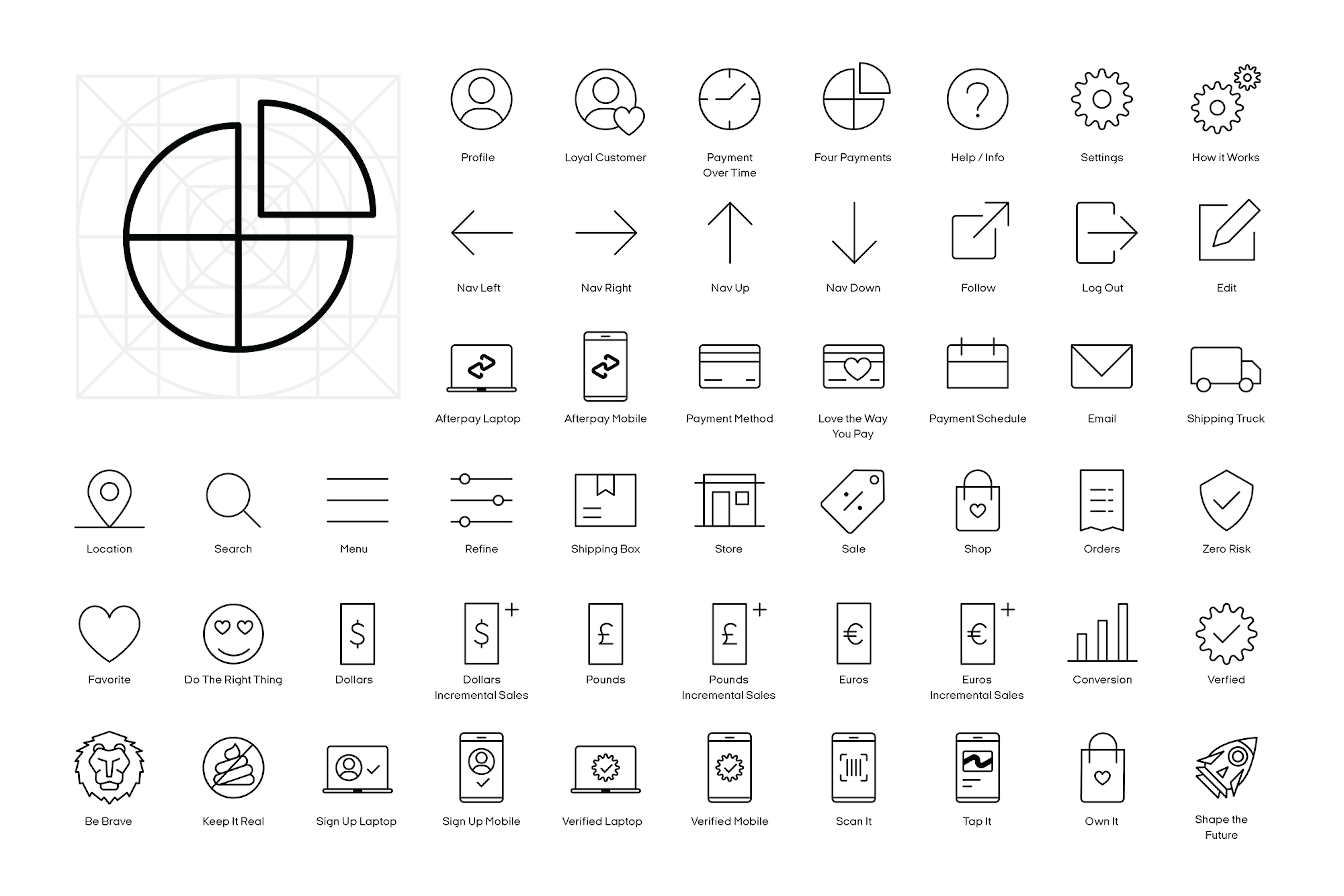 Spread showing all of the icons for the Afterpay website, app, and presentations. They are all in black outline, filled with white. Simple and straight lines have curved endings. On the top left corner there is an animation showing a slideshow of a selection of the icons in a larger size. 