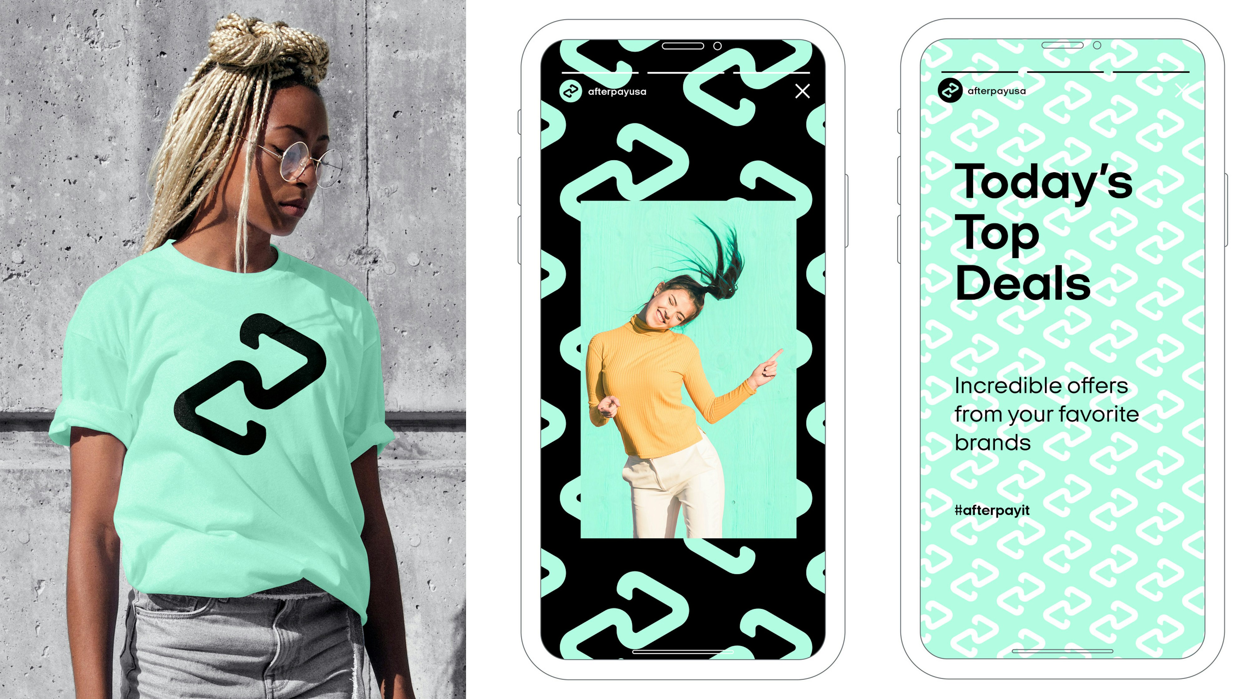 Image showing a person wearing a Bondi mint teeshirt with the Afterpay logo in black printed on the front. Next to them are two mobile mock ups showing layouts using the Bondi mint color an the Afterpay logo.