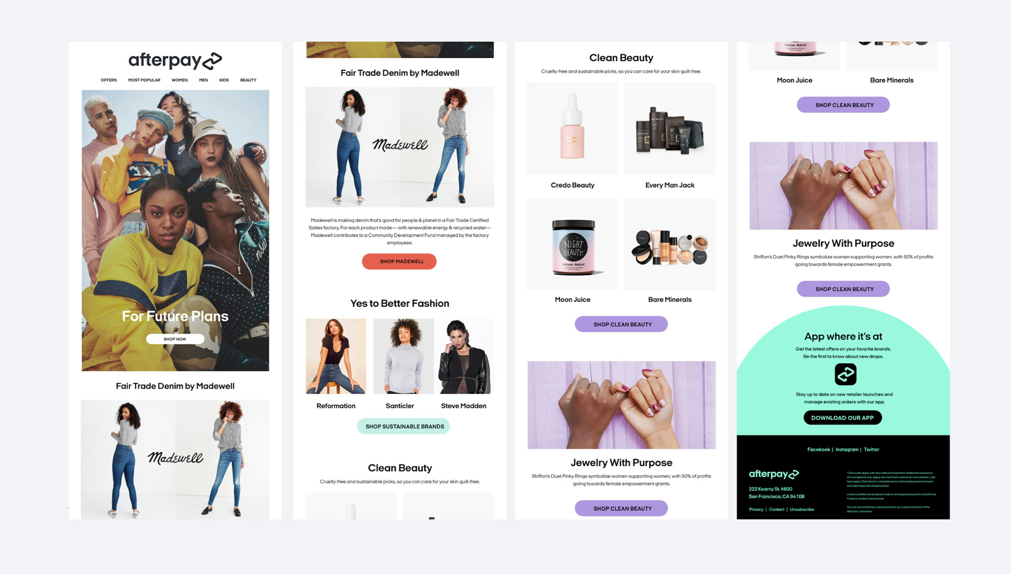 Image showing mock ups of the new Afterpay newsletter. It shows the call to action buttons changing colors according to the content they belong to and at the bottom of the newsletter there is a Bondi mint arch with the Afterpay logo inside.