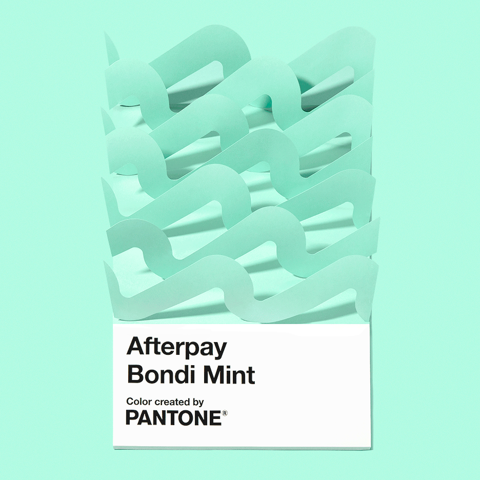 Animation showing an oversized Pantone chip saying Afterpay Bondi Mint with paper-waves coming and going.