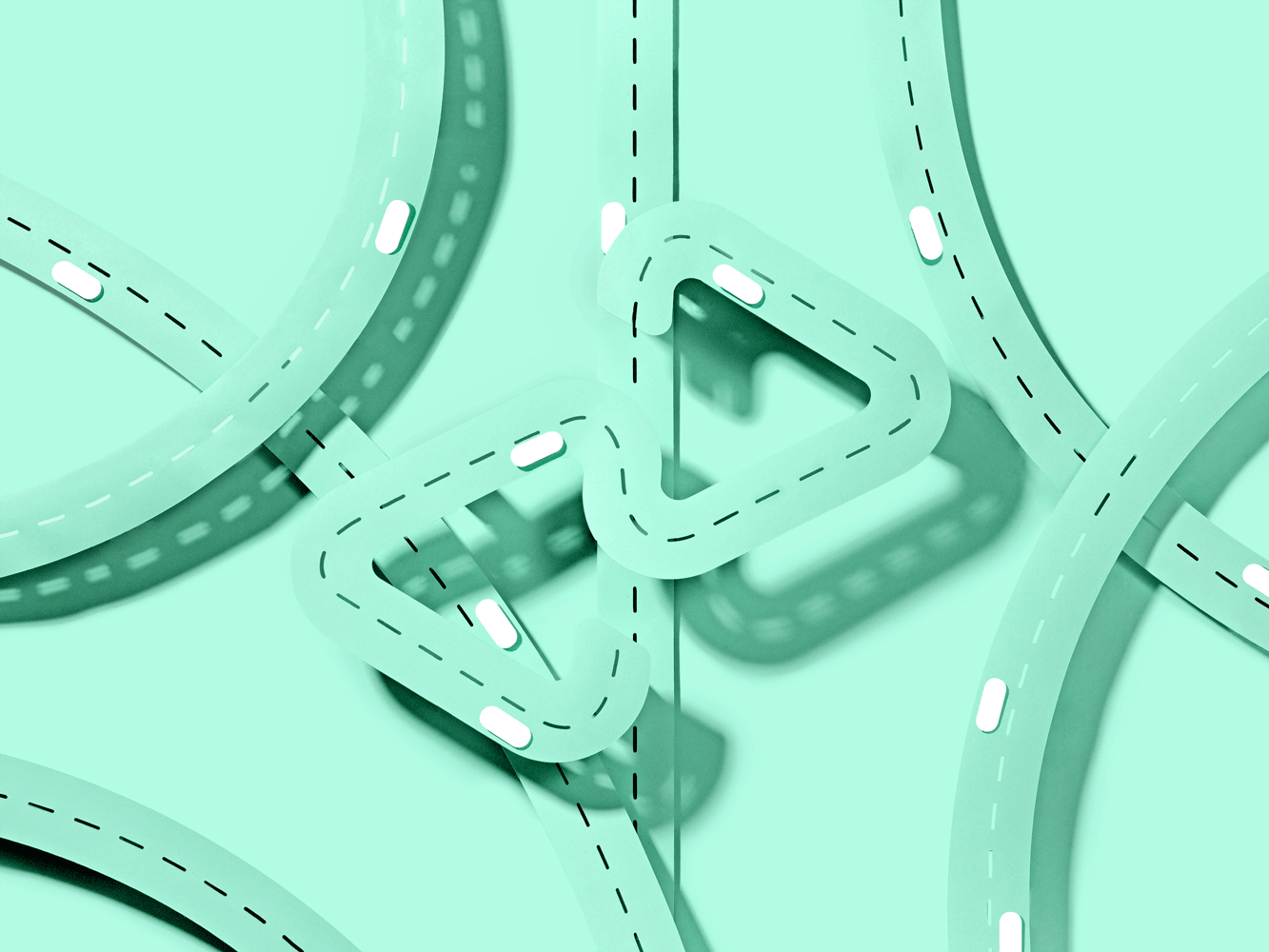Animation shows overlapping mint green paper-cut-out highways on a mint green background. There are small white pill-shaped "cars" moving around on them to look like traffic. In the center is a street in the shape of the Afterpay logo.