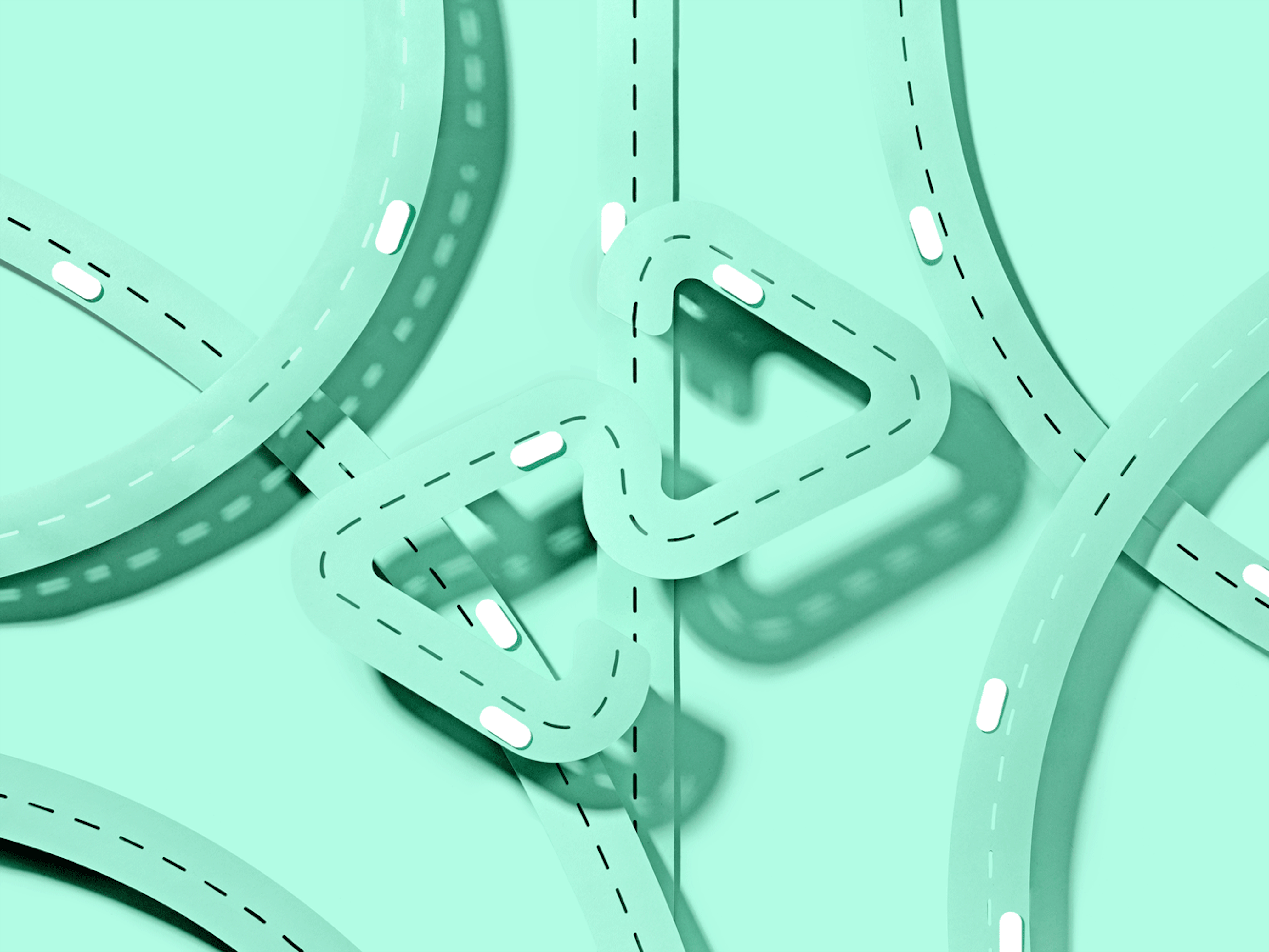 Animation shows overlapping mint green paper-cut-out highways on a mint green background. There are small white pill-shaped "cars" moving around on them to look like traffic. In the center is a street in the shape of the Afterpay logo.