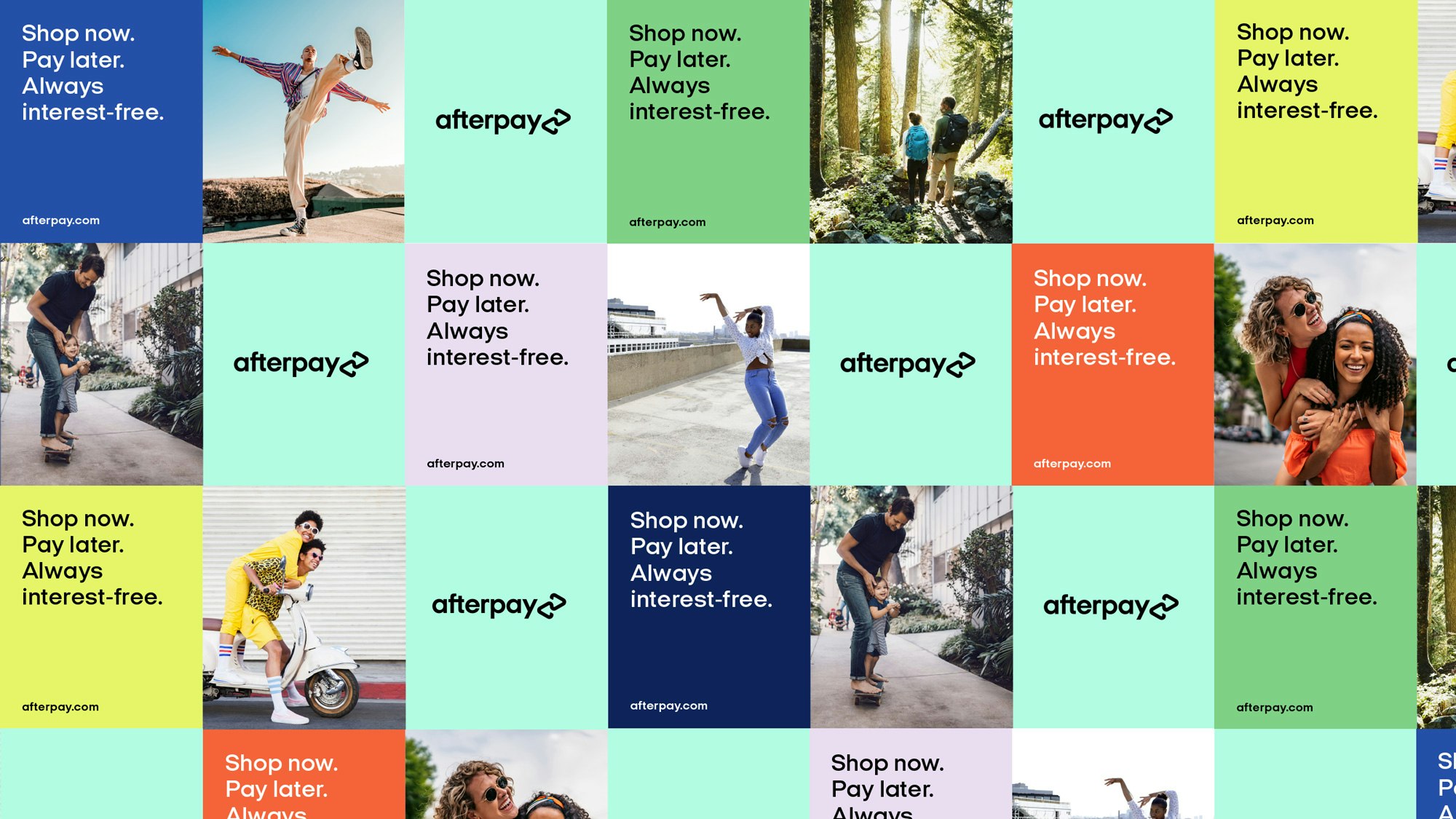 Image showing multiple of the Afterpay billboard mock ups aligned next to each other. It alternates between the Afterpay logo in black on the Bondi mint ground, photos of people out and about having fun, and the Afterpay tagline written on different colors from the brands color palette.