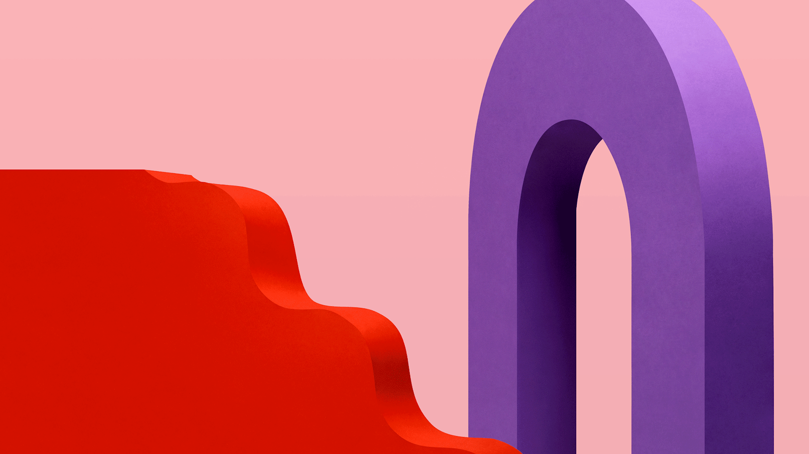 Animation showing a yellow hand dropping a turquoise ball down red steps through a purple arch. 