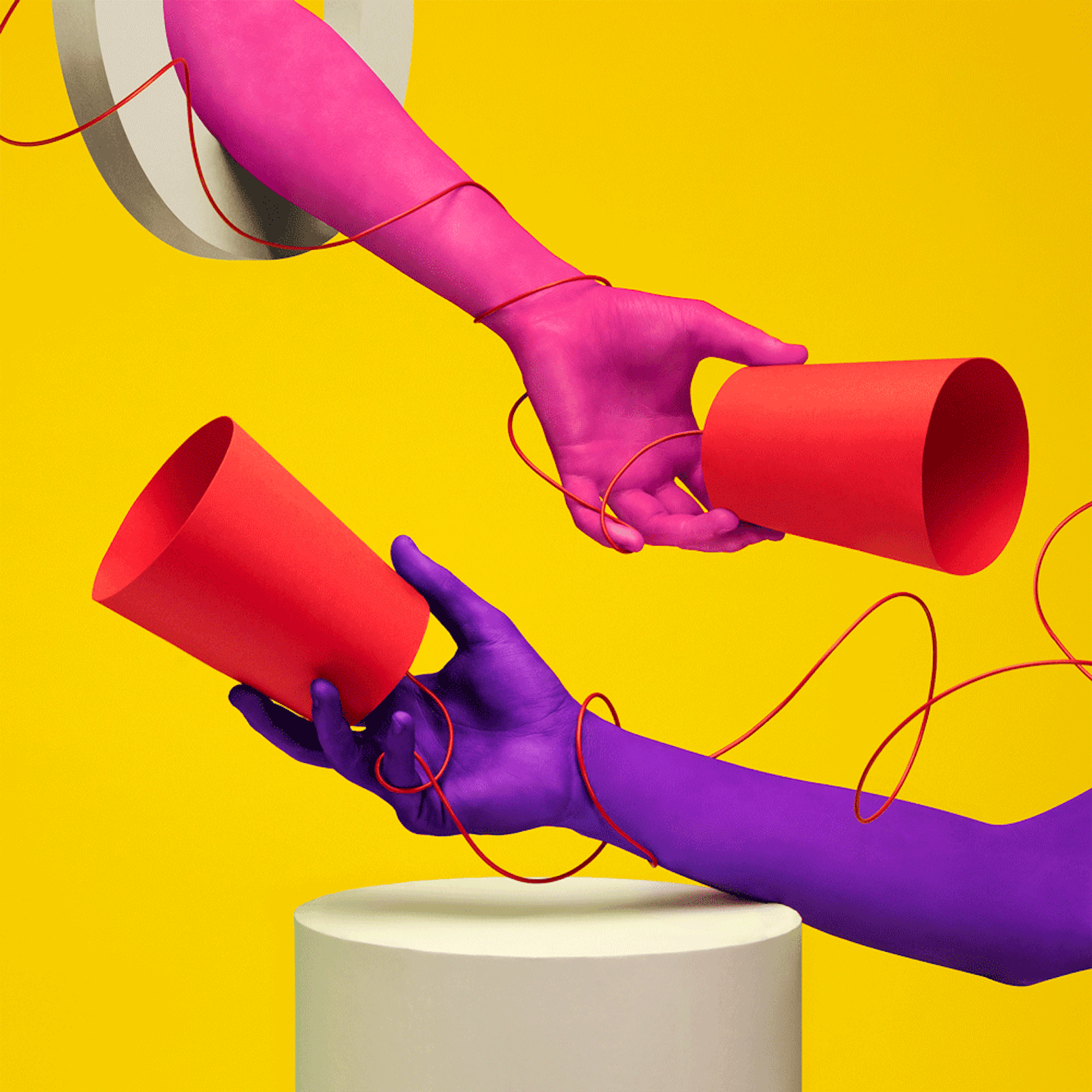 Animation showing two hand, one pink and one purple, holding and shaking two red cups connected with red string, all on a yellow background.
