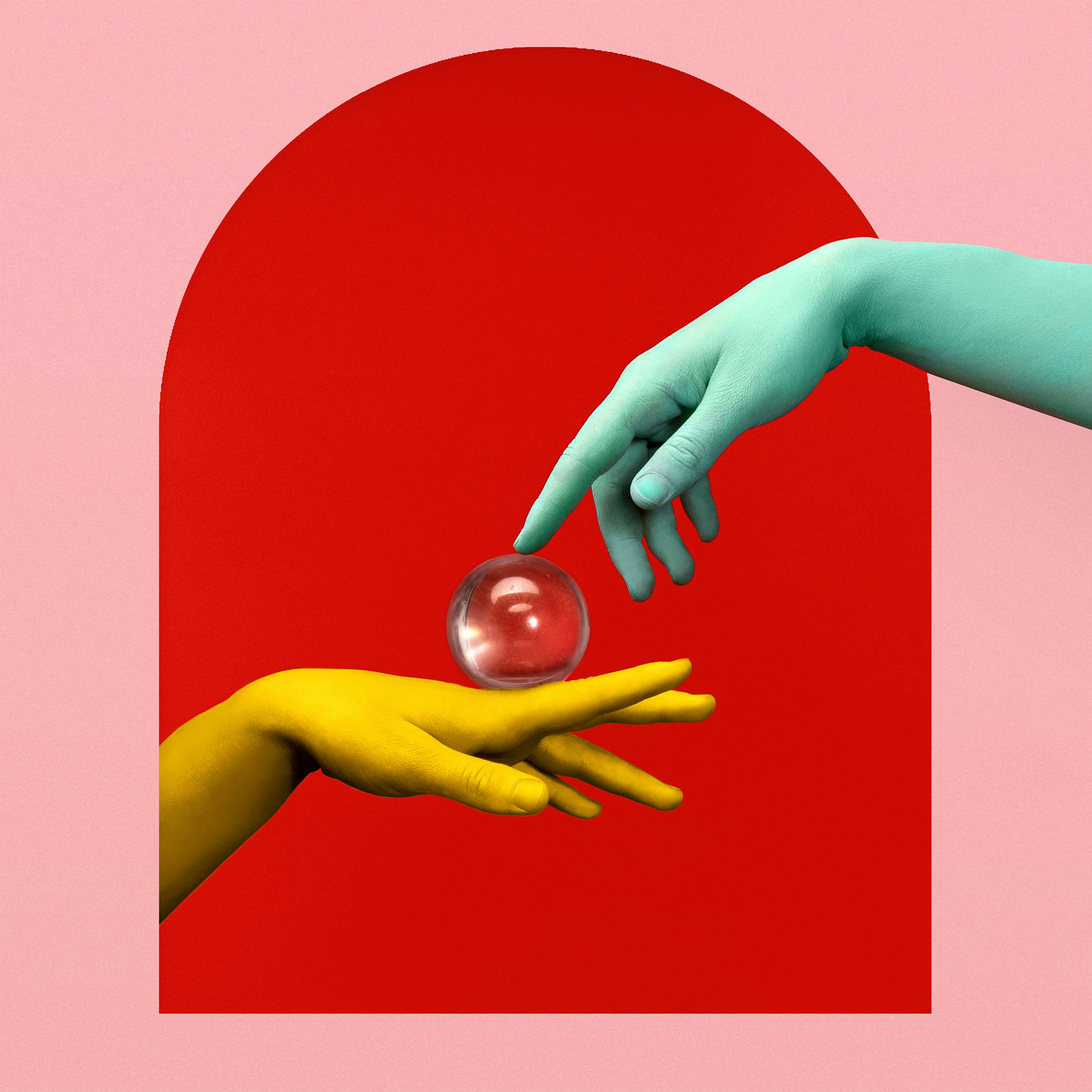 A turquoise hand delicately touches a clear orb on balanced on a yellow hand, all surrounded by a red portal in a pink background. 
