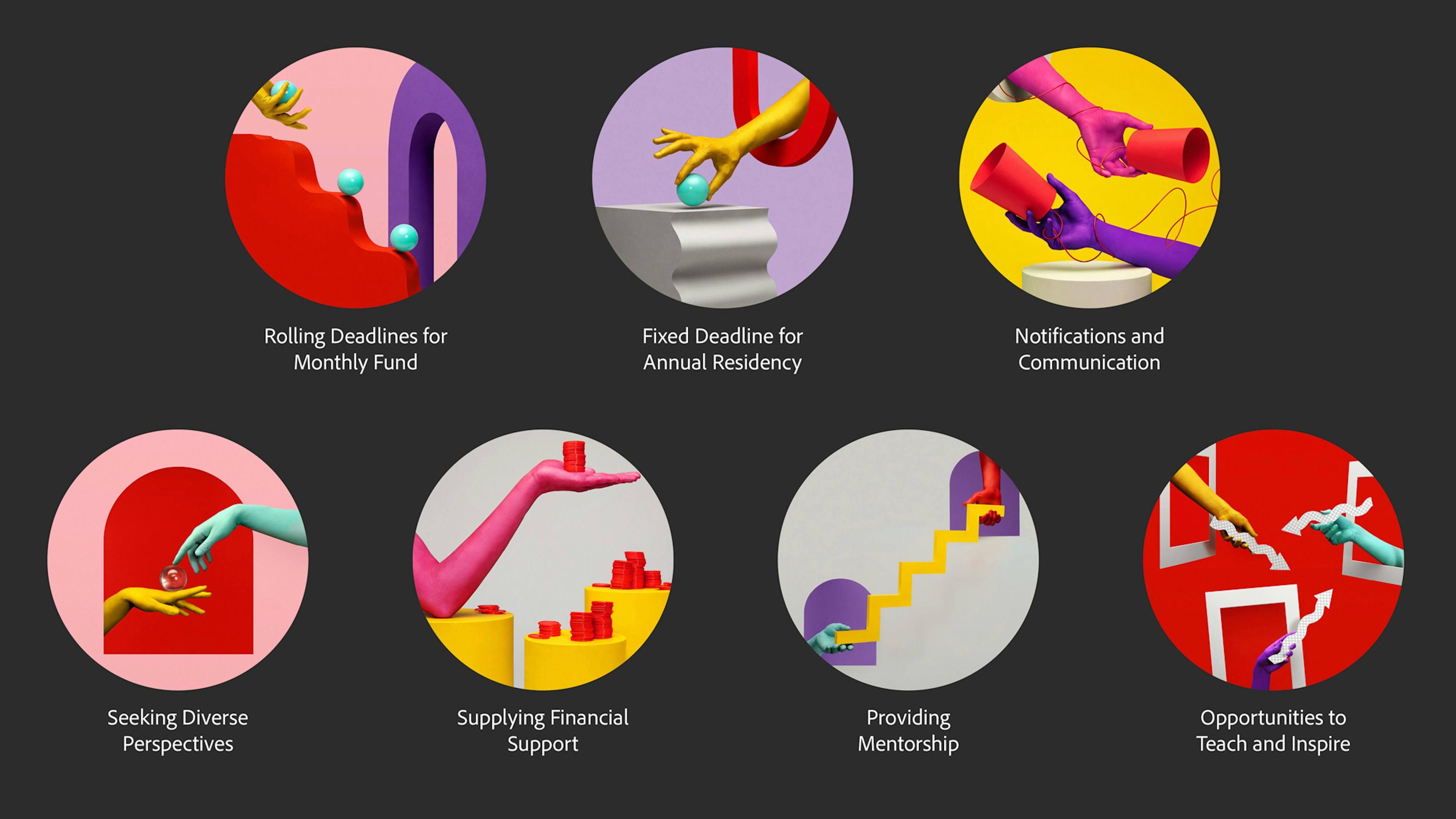 Seven colorful images cropped in circles show the various topics addressed in the Active Arrangements photos and animations. 