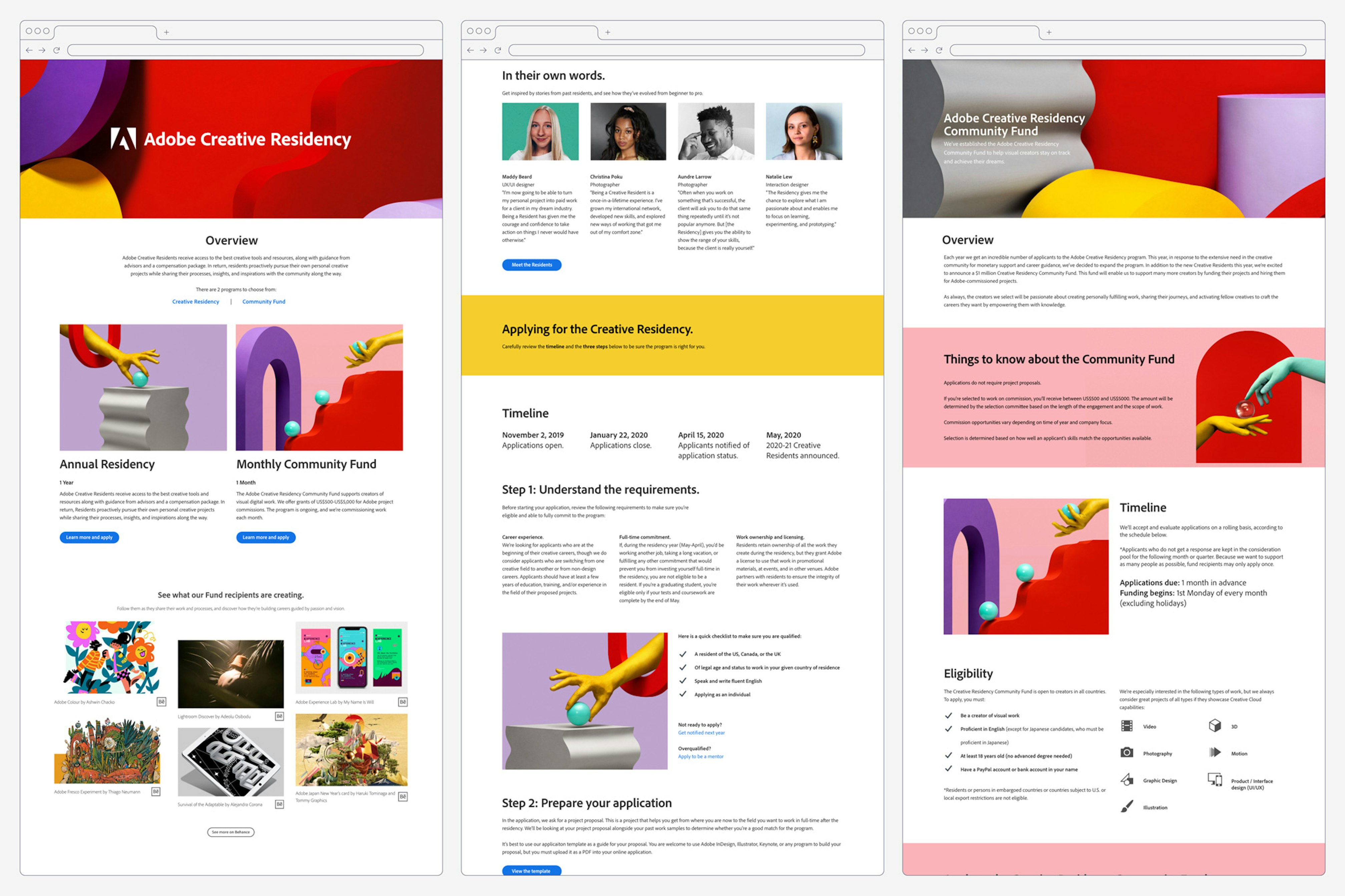 Image shows three browser windows showing the colorful Active Arrangements content applied to the Adobe Creative Residency website. 