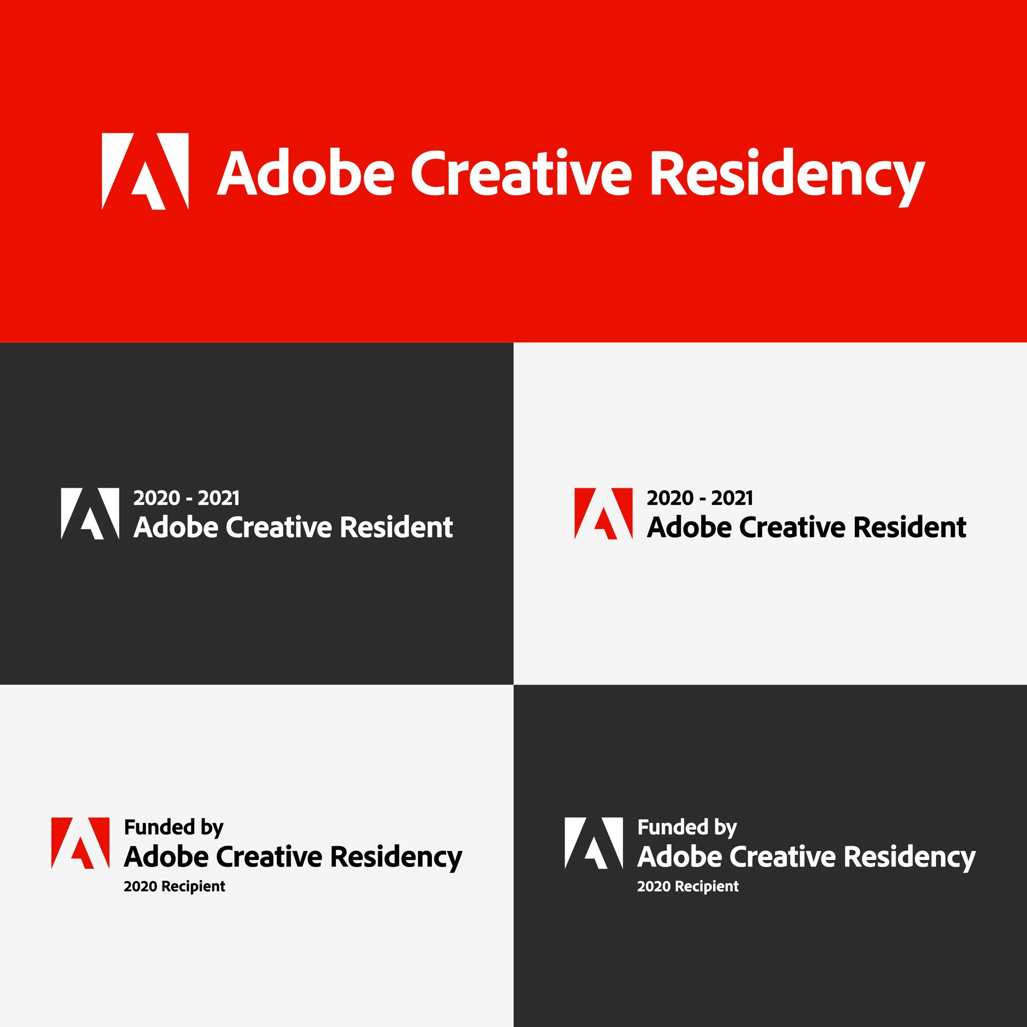 Graphic shows the different Adobe Creative Residency logos on red, light gray, and dark gray backgrounds.