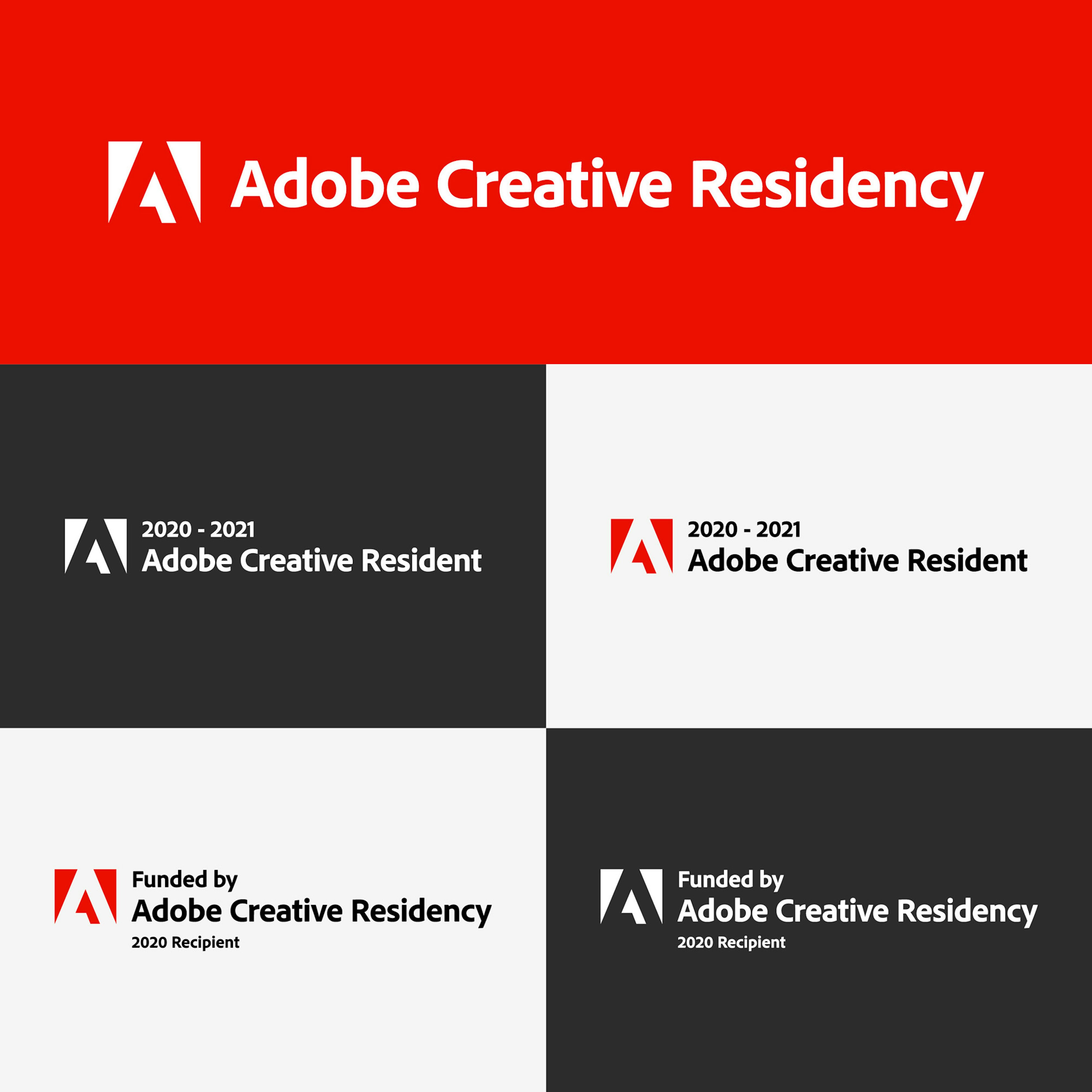 Graphic shows the different Adobe Creative Residency logos on red, light gray, and dark gray backgrounds. 