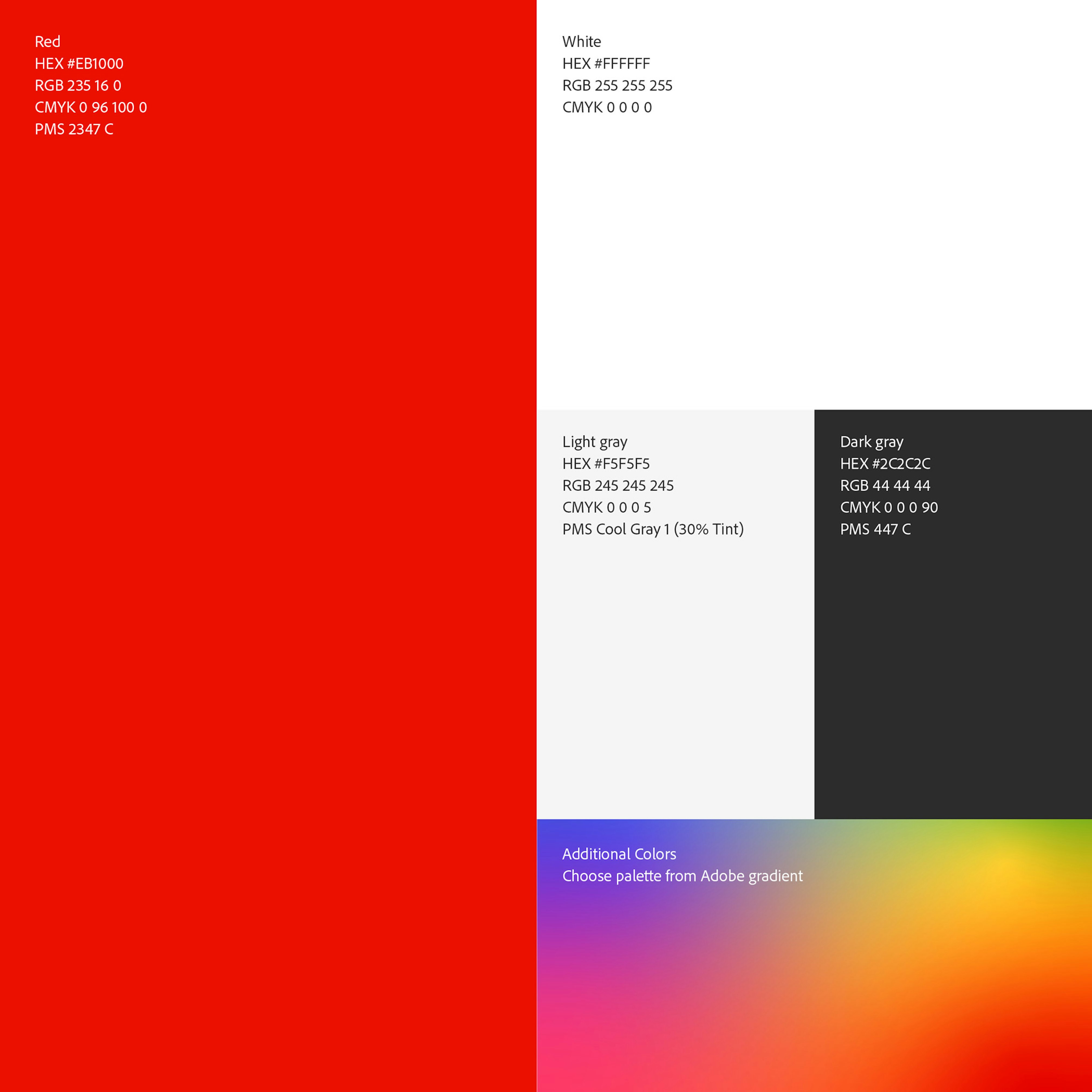 A graphic shows the color palette for this project, which includes Adobe Red, white, light and dark grays, and colorful spectrum to choose accent colors from. 