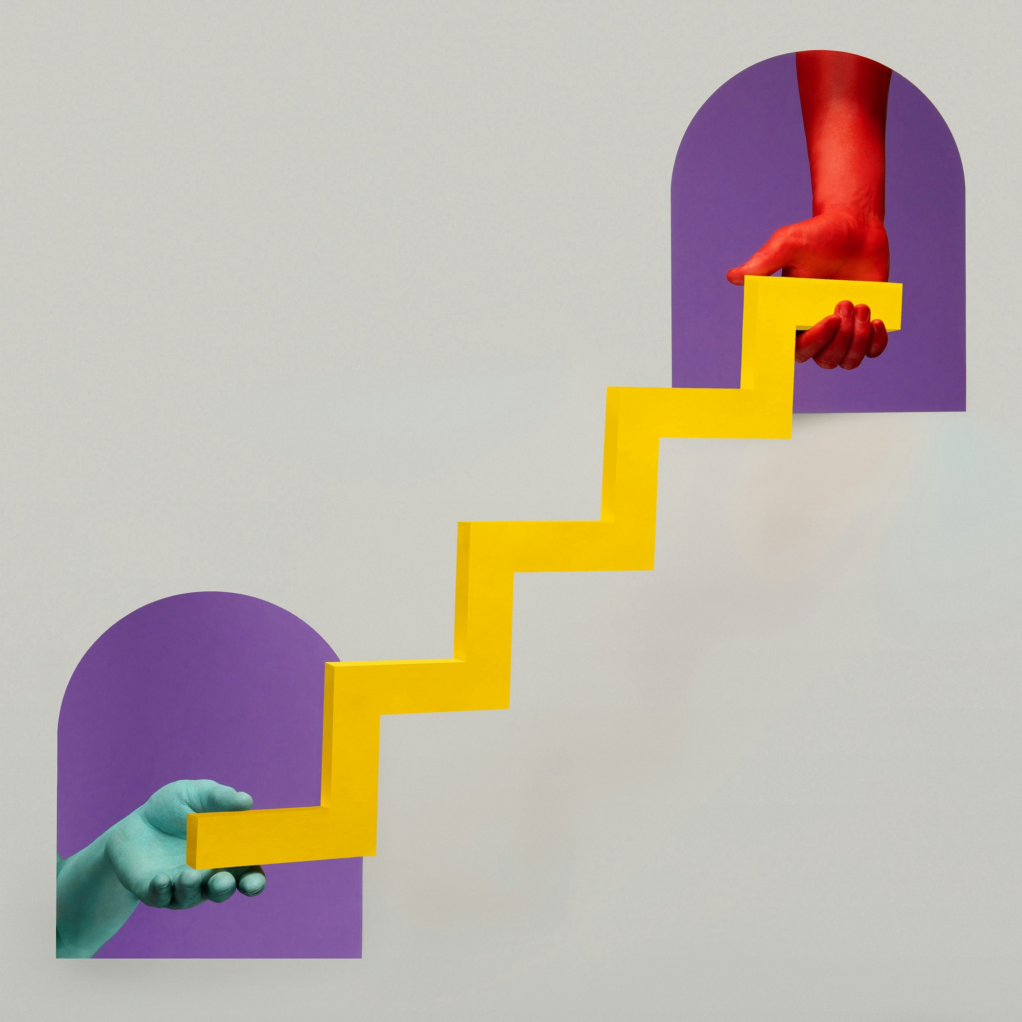 A red arm and a turquoise arm reach through purple portals to hold a zig-zag yellow shape resembling stairs.