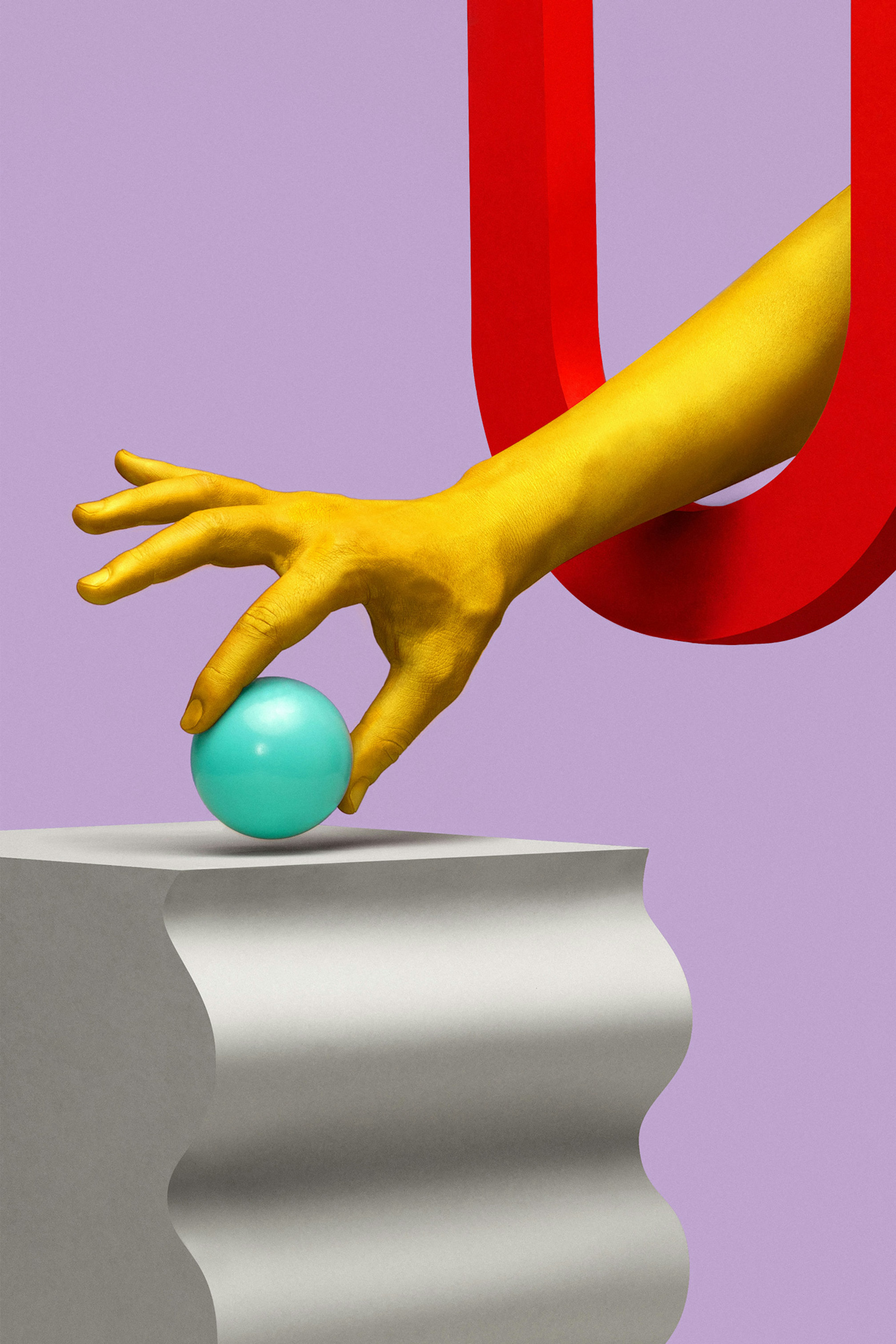 A yellow arm reaches through a red U-shape to place a turquoise ball on a gray wavy pedestal. 