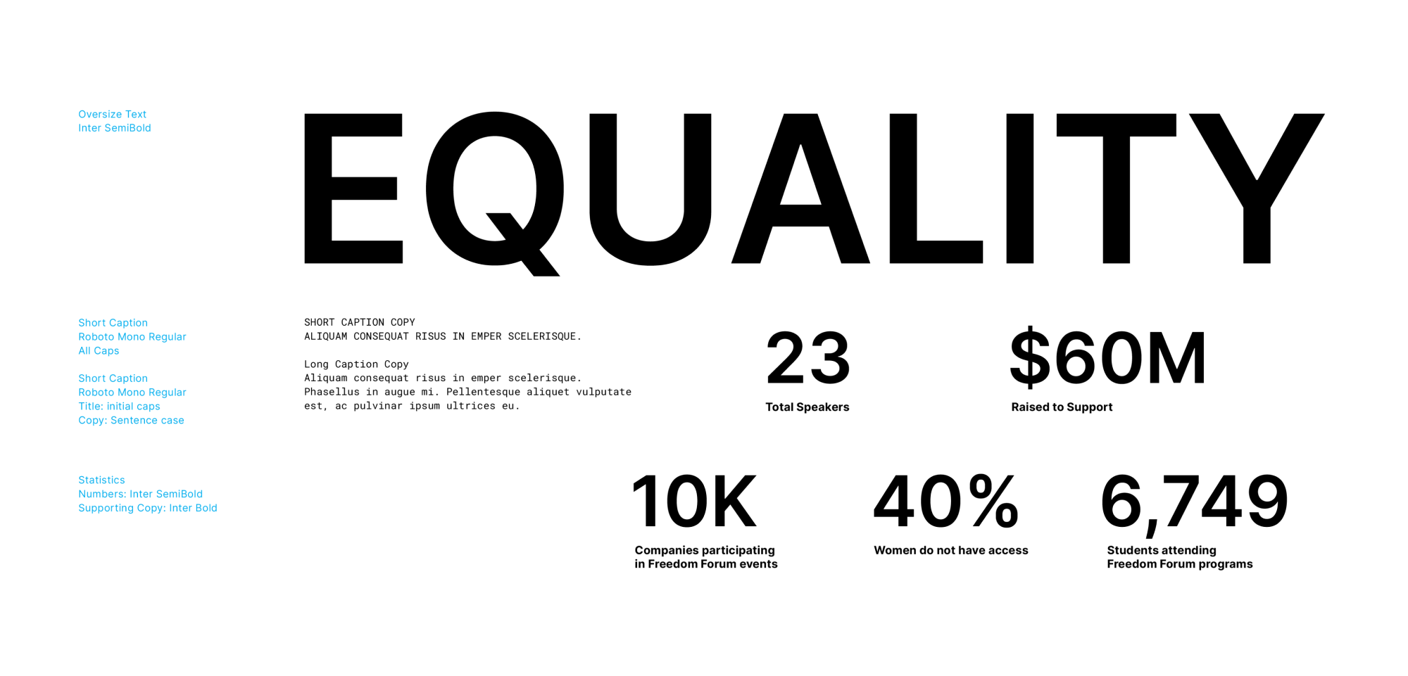 Type Hierarchy for Champion of Change with over size text in all caps Inter semibold, short captions in Roboto Mono, statistics number in inter semibold and its supporting copy in smaller Inter bold.