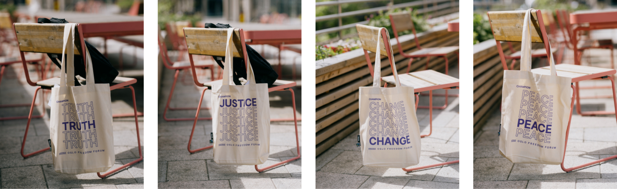 Tote bags hanging on a chair with four designs of the Truth, Justice, Change, and Peace.
