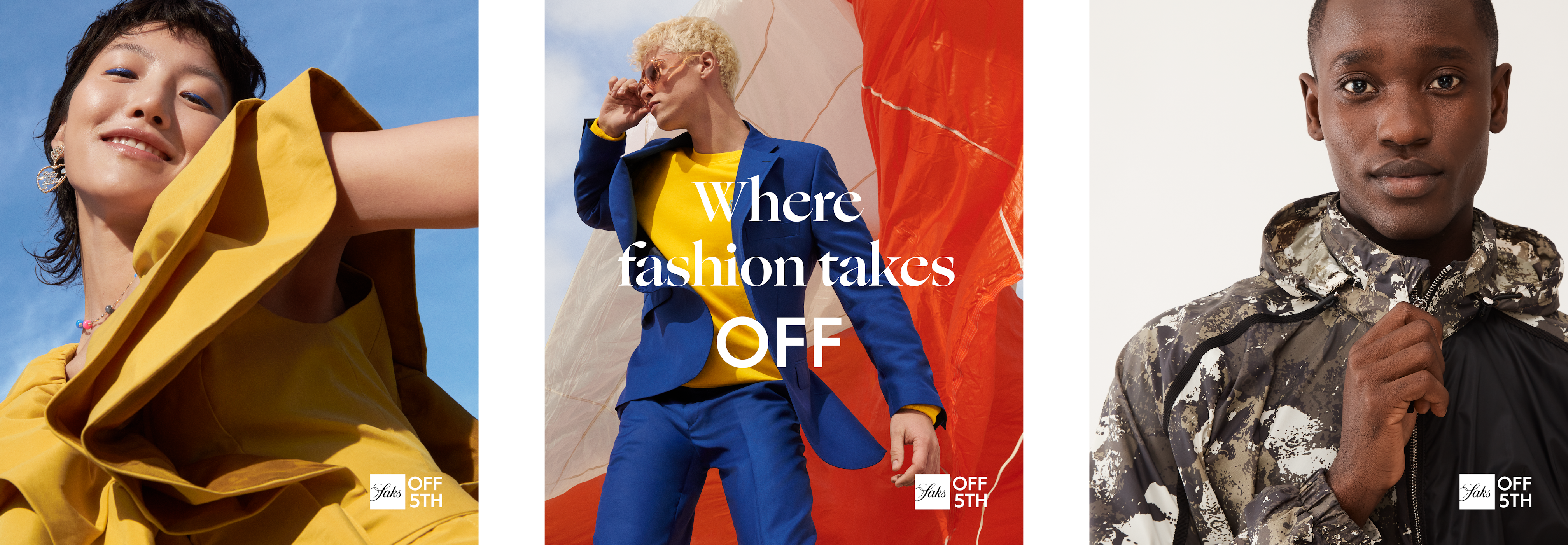 Three images from Saks OFF 5TH with the logo on bottom right and the tagline in the middle photo.