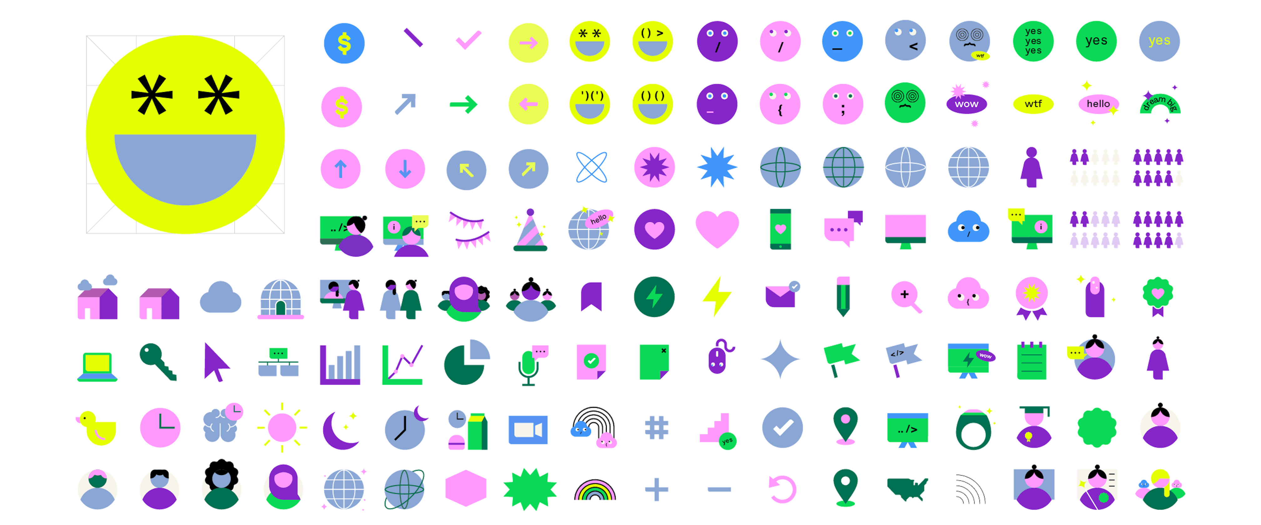 Large tiling of Icons for Futureworld. In the top left corner, an enlarged icon changes between a smily face, a group of people, a symbol with the letters "DS", an individual person, a cloud with eyes, and a globe. The icons are colorful and are all created using Futureworld brand colors. 