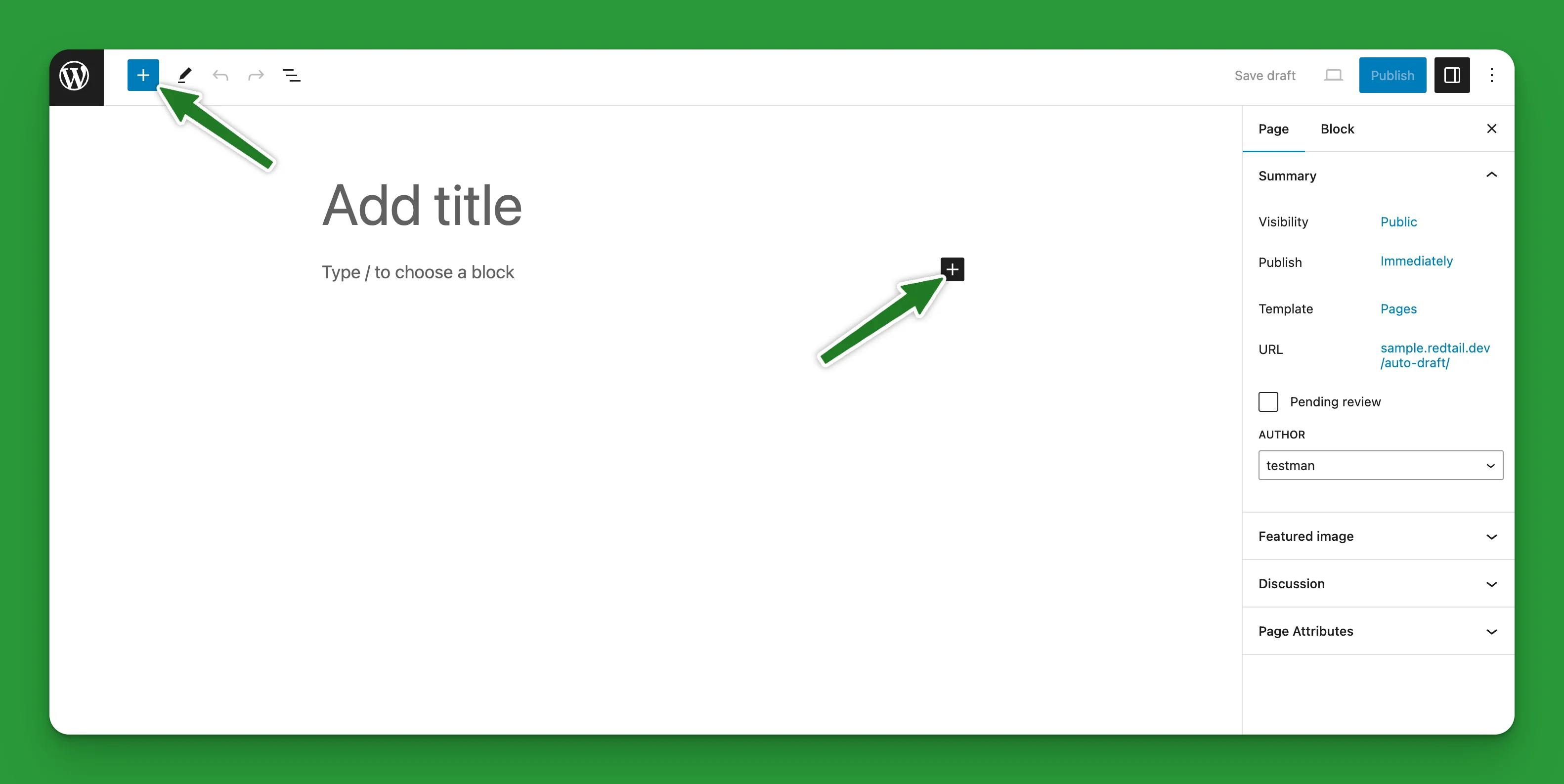 Screenshot of a page editor in wordpress with two green arrows pointing to two plus buttons