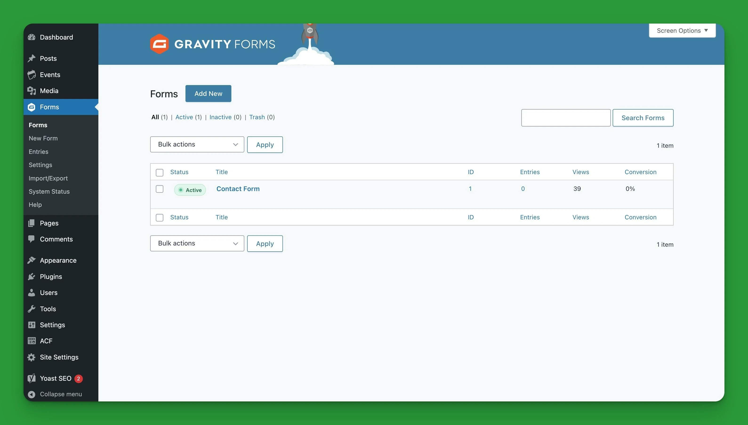 Screenshot of the main gravity forms page in the wordpress dashboard