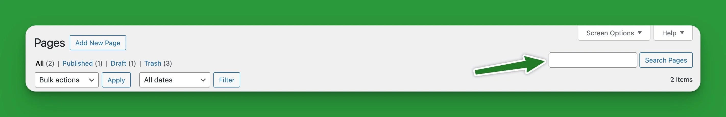 Screenshot of the top of the page listing in the wordpress backend with an arrow pointing to the page search input