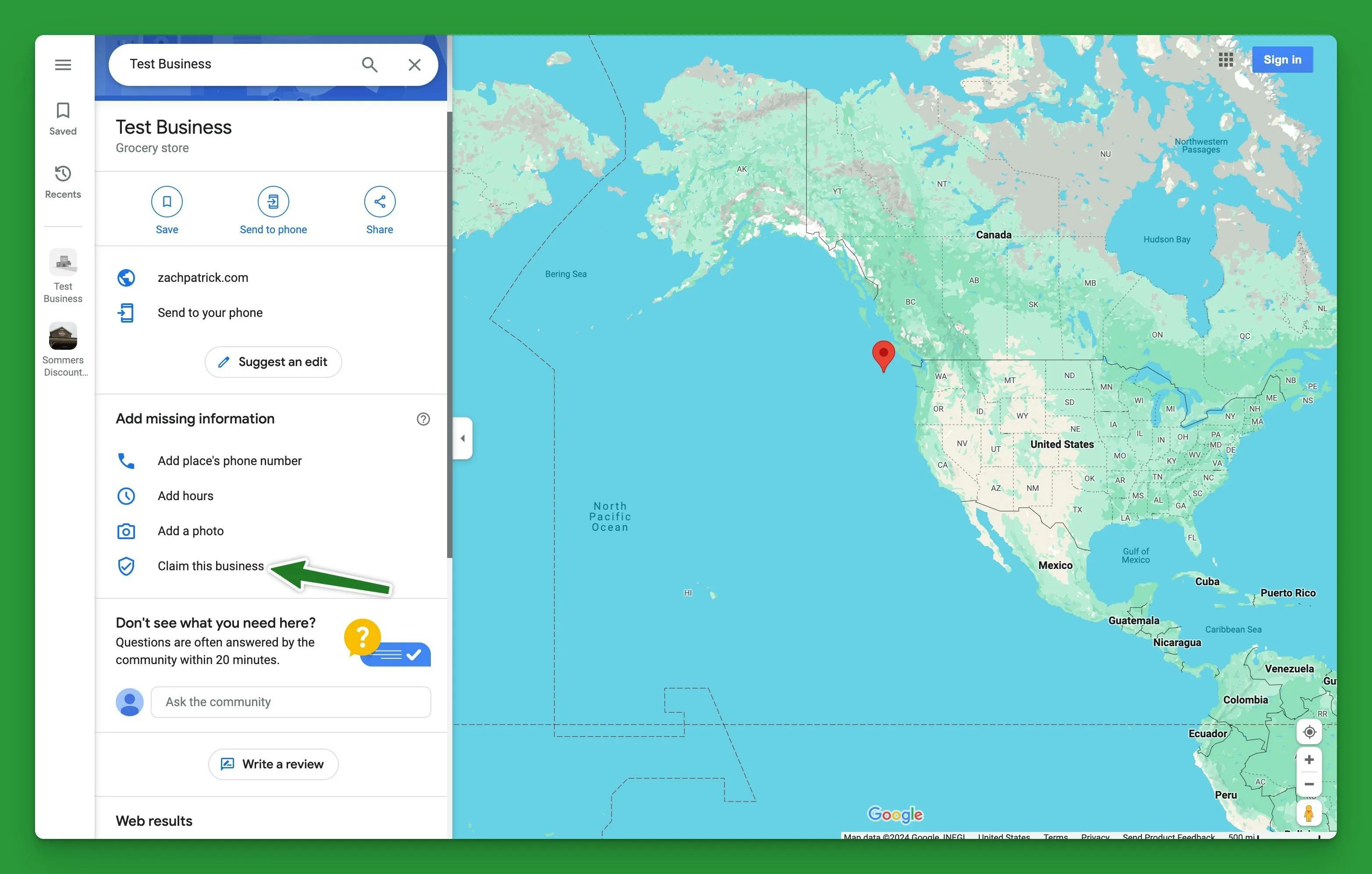 Screenshot of a test business listing on google maps