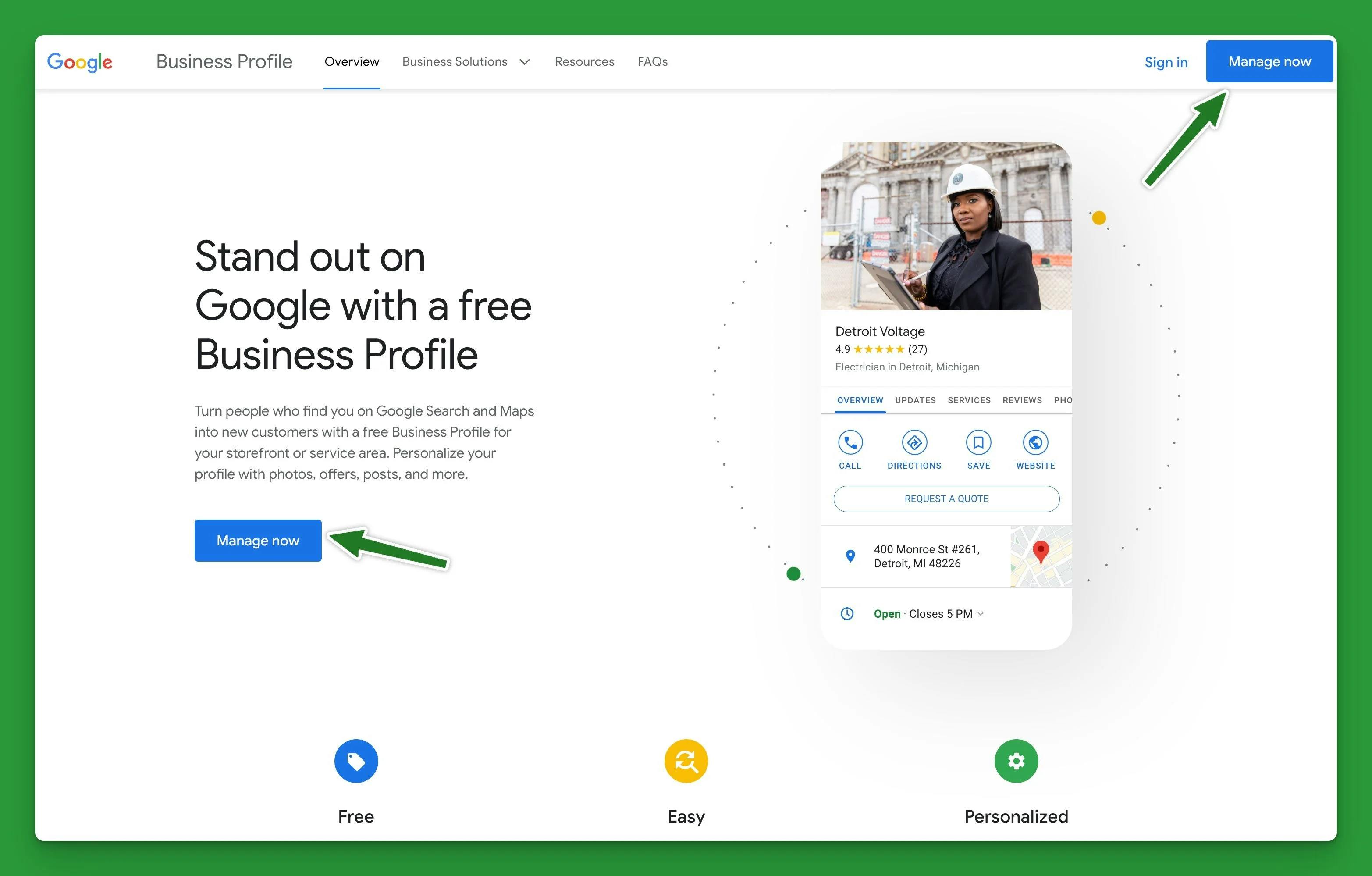 Screenshot of google business profile landing page with two green arrows pointing to to different blue manage now buttons