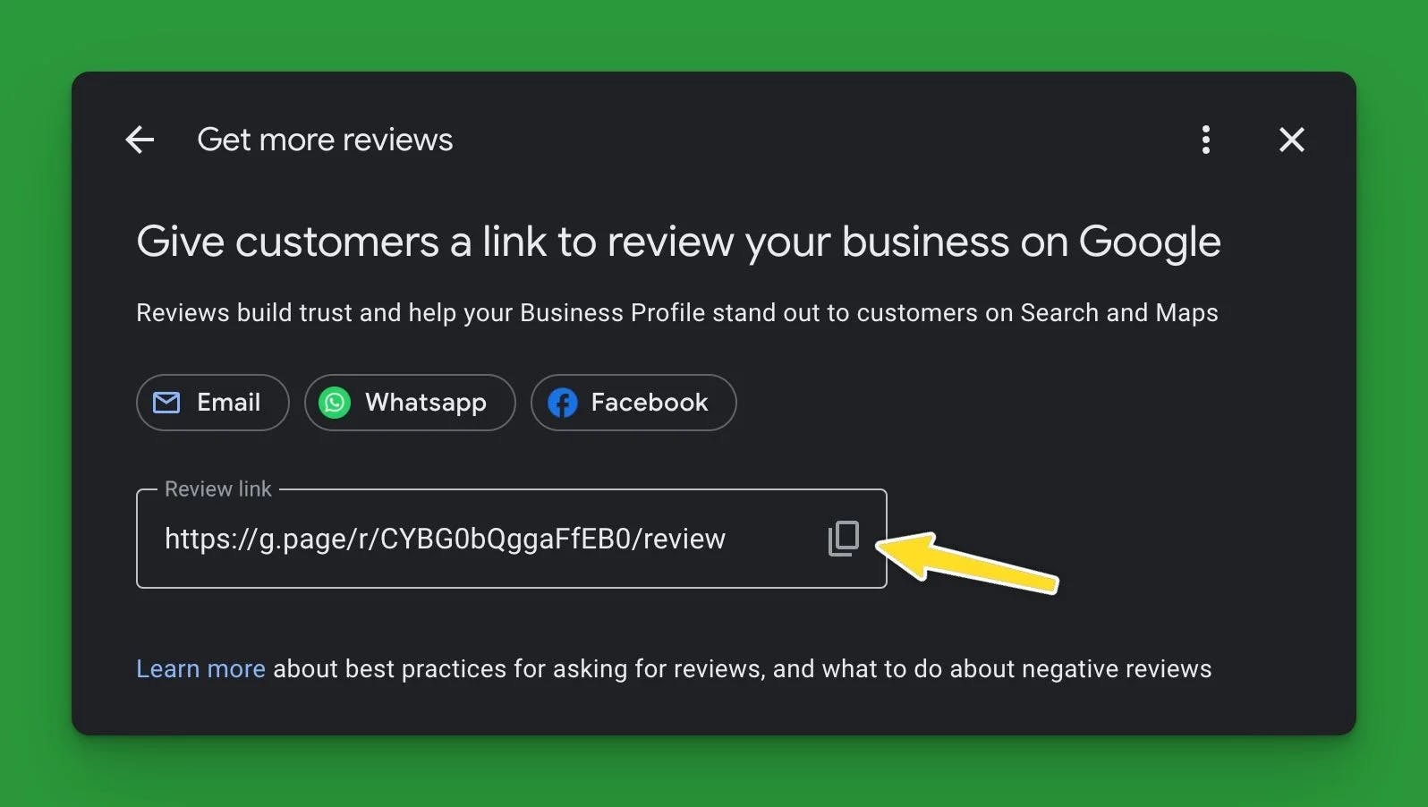 Screenshot with yellow arrow pointing google business review link