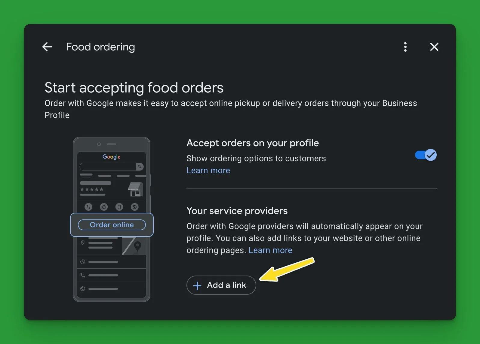 Screenshot of the google business profile food ordering setting with a yellow arrow pointing to Add a link
