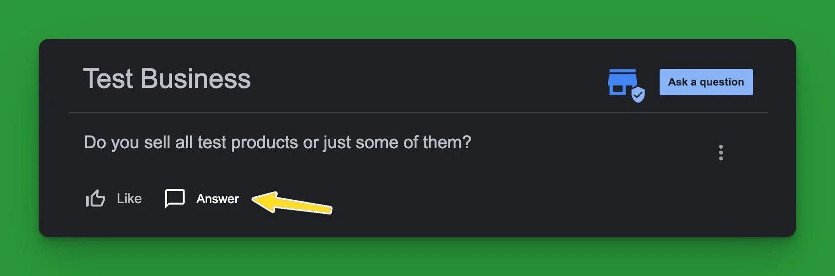 Screenshot of the google business profile question and answers popup with a yellow arrow pointing toward a button that says answer