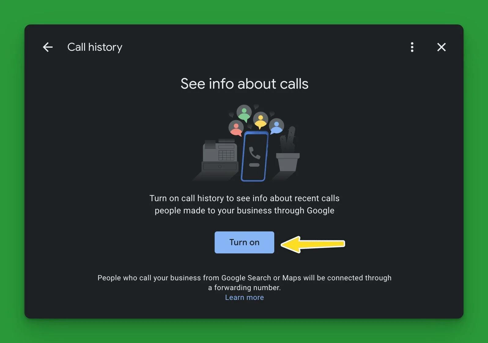 Screenshot of google business profile call history settings with a yellow arrow pointed to the turn on button