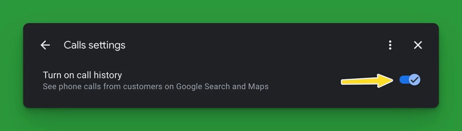 Screenshot of google business profile call history settings with arrow pointing to toggle to turn on or off call history