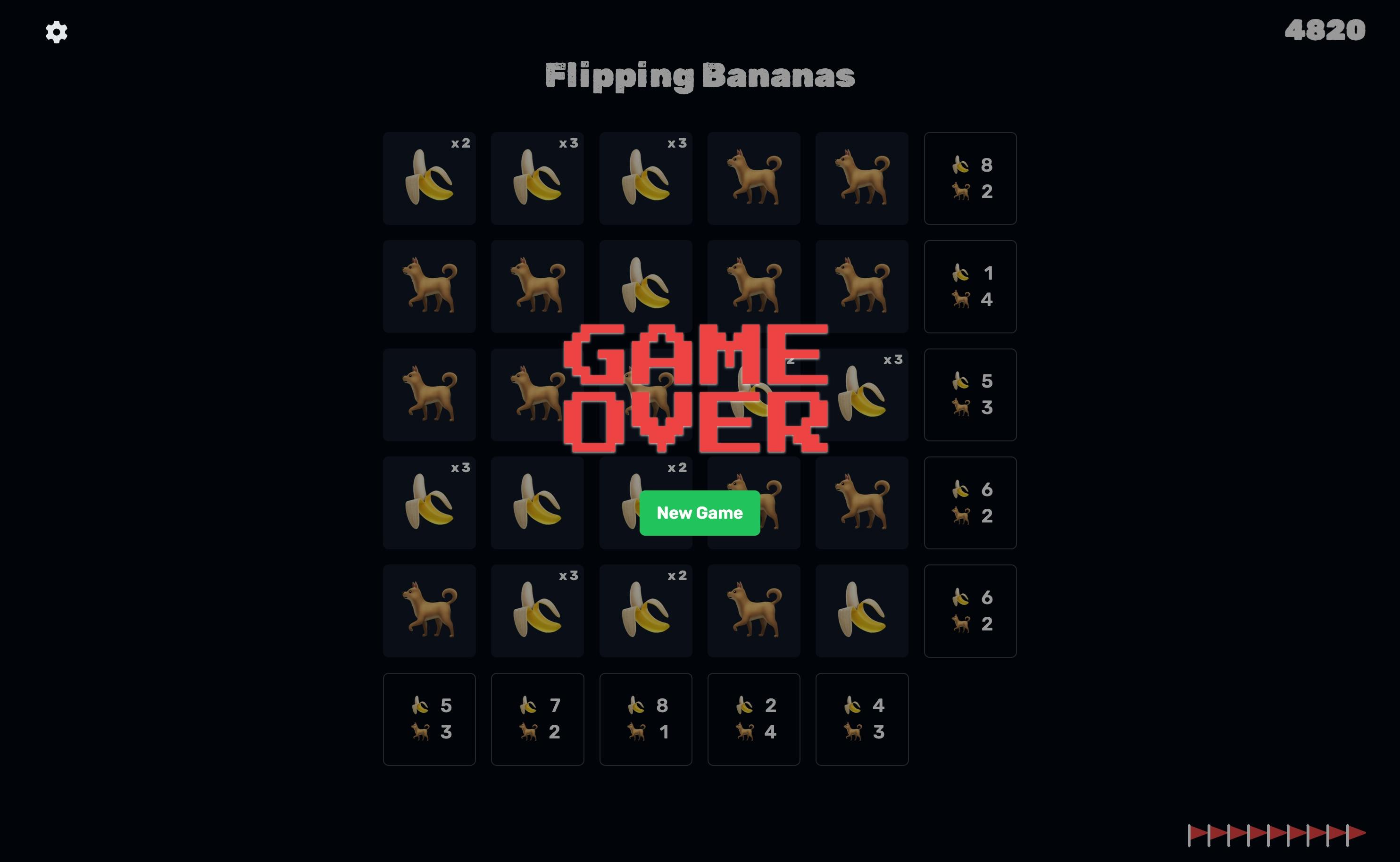 screenshot of flipping bananas game over screen