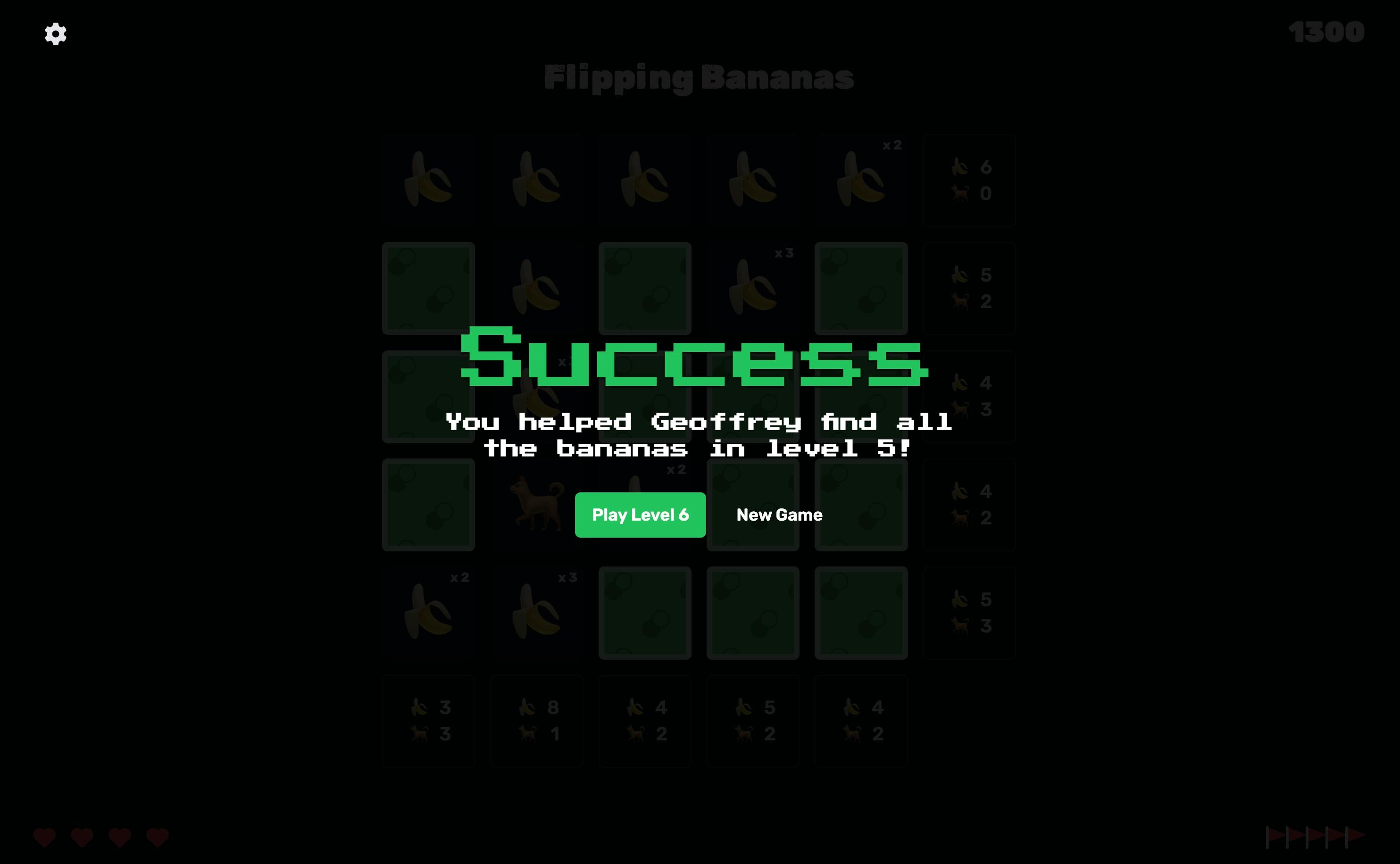 screenshot of flipping bananas success screen