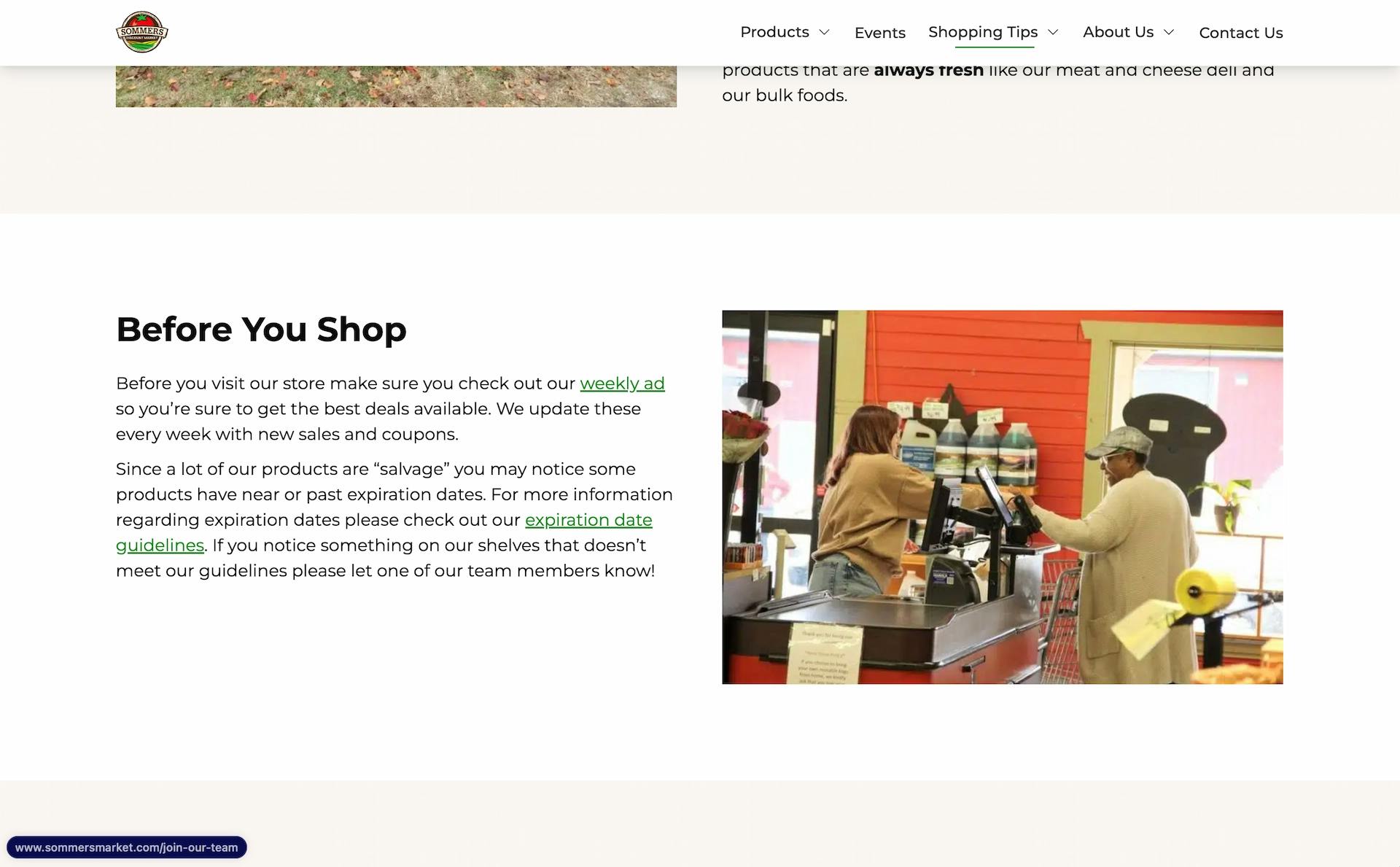 Screenshot of sommersmarket.com desktop shopping tips page