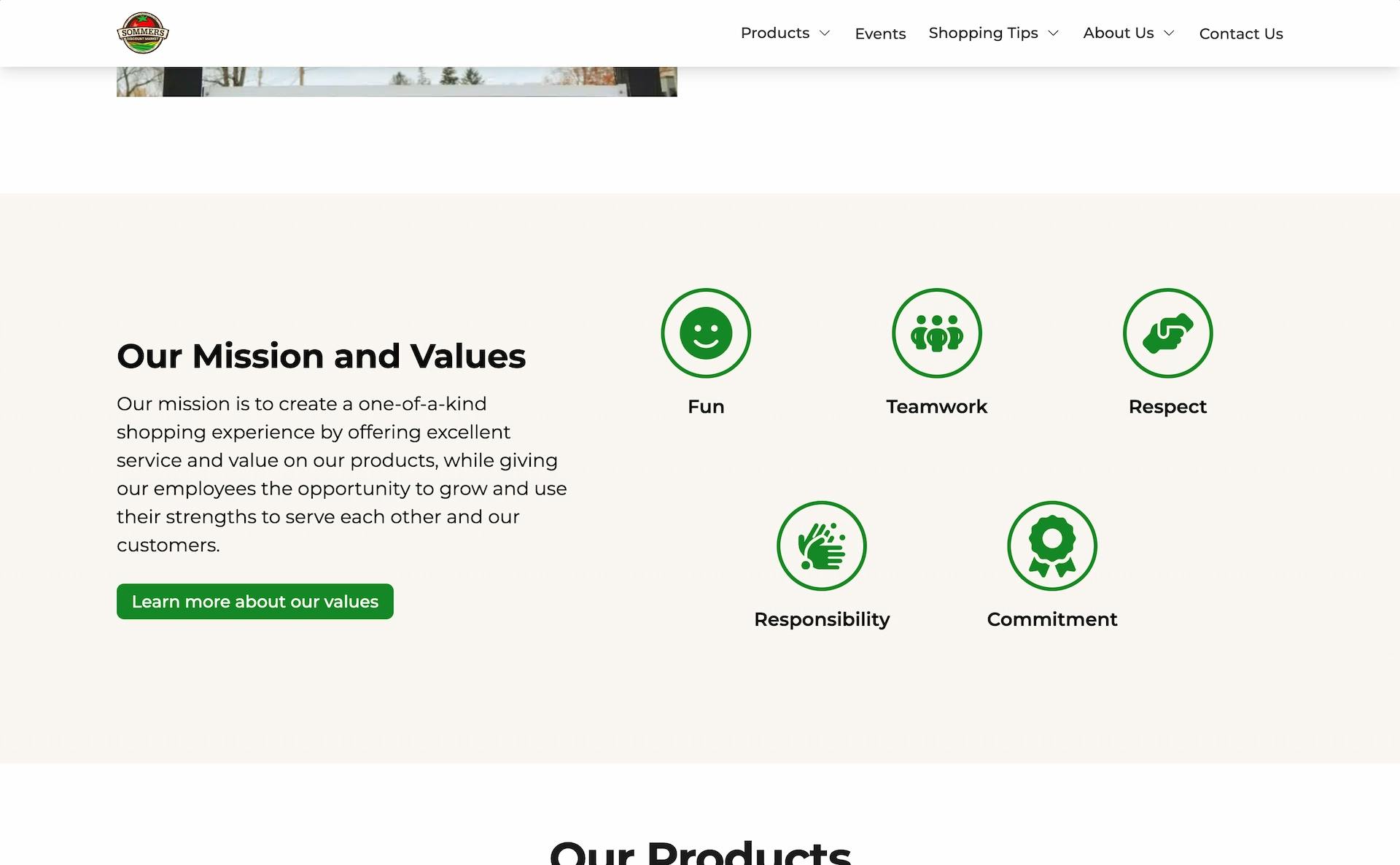 Screenshot of sommersmarket.com desktop homepage mission and values section