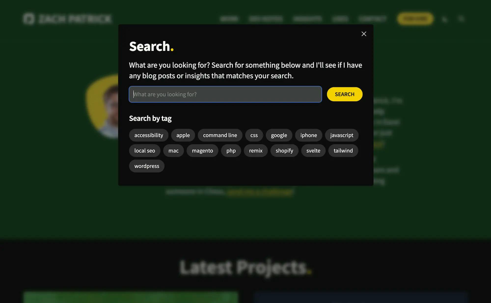 screenshot of the search modal on zachpatrick.com
