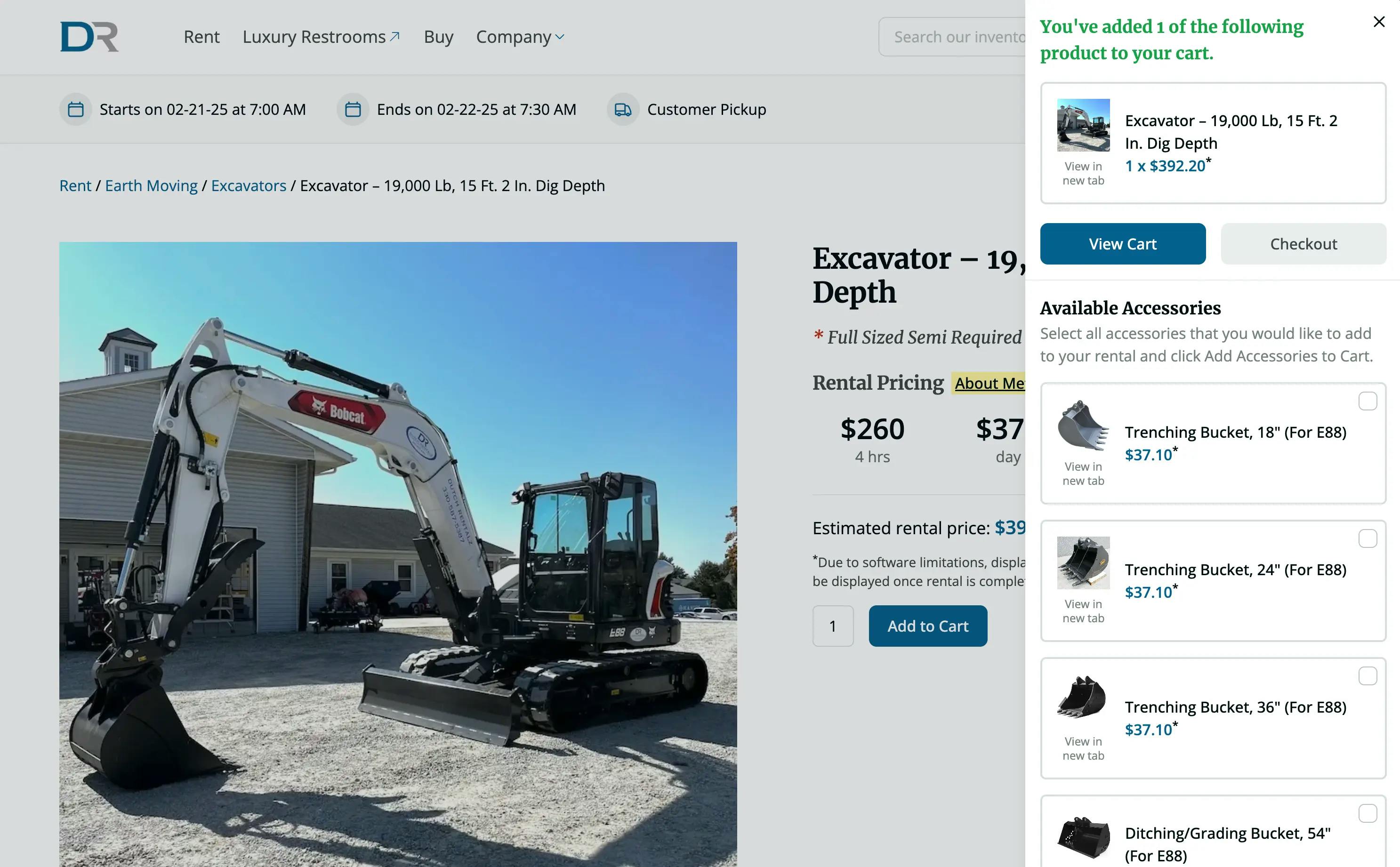 screenshot of the excavator page with the added to cart sidebar open on the dutch rentalz website