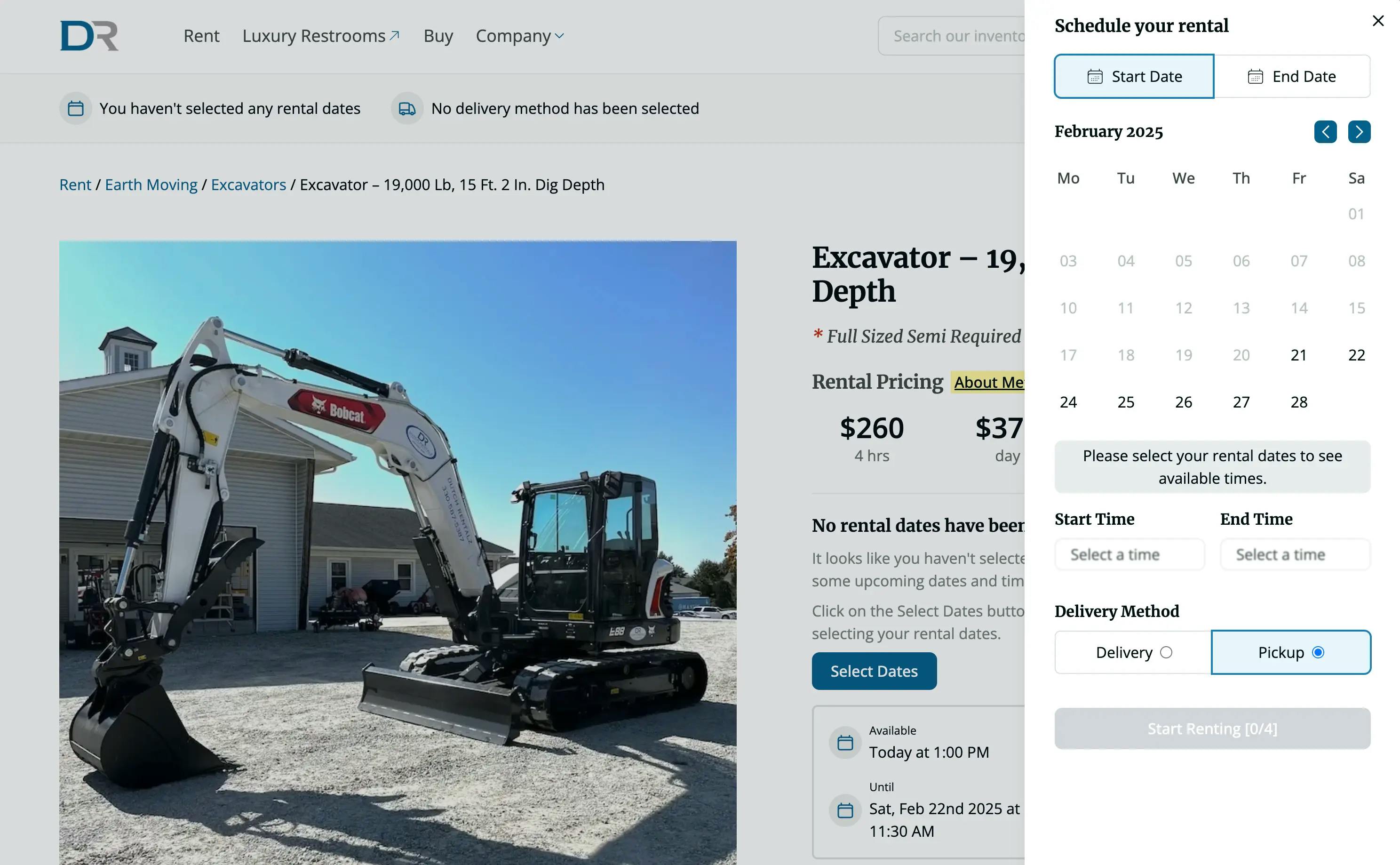 screenshot of the excavator page with the datepicker slid open on the dutch rentalz website