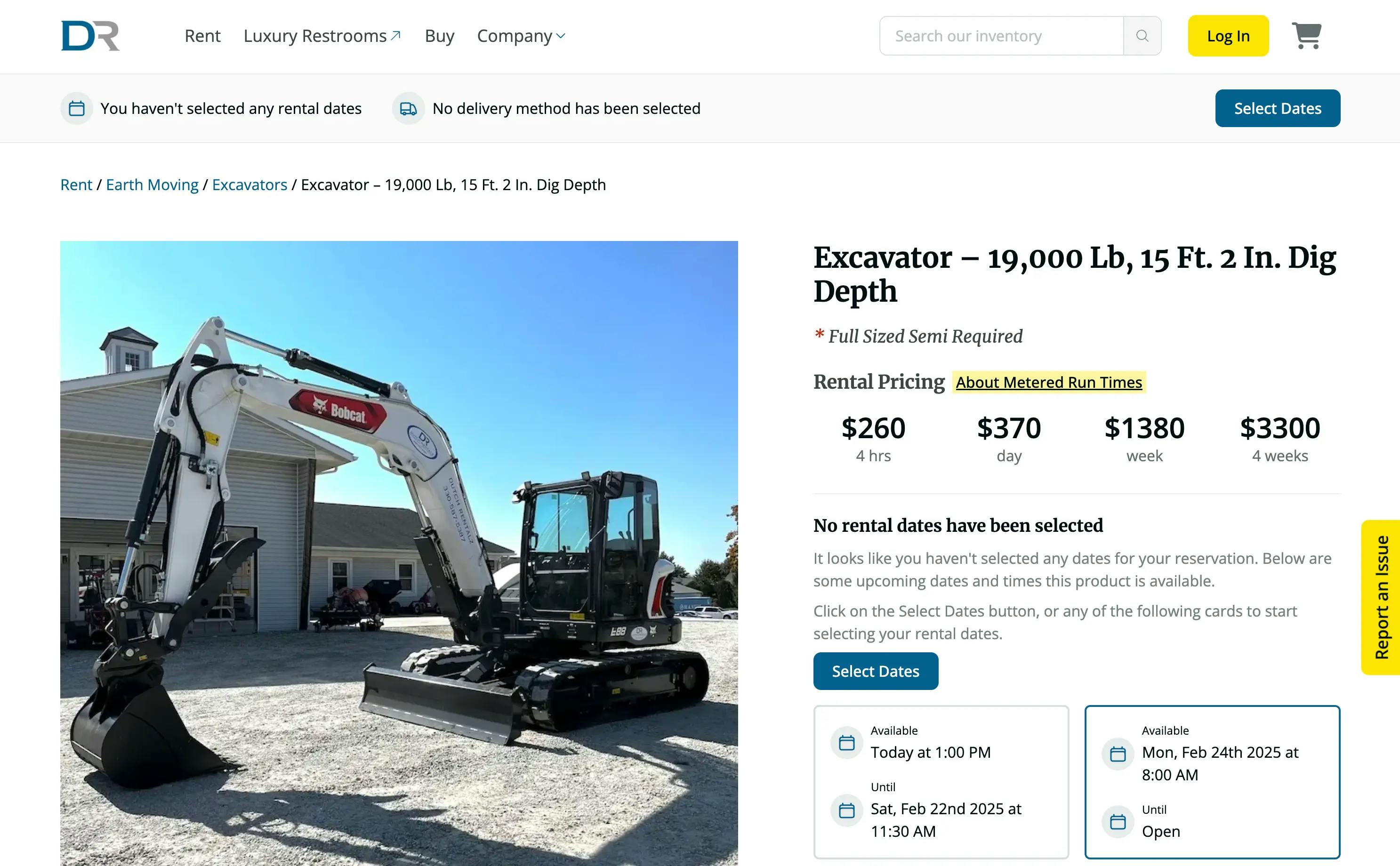 screenshot of the excavator page on the dutch rentalz website