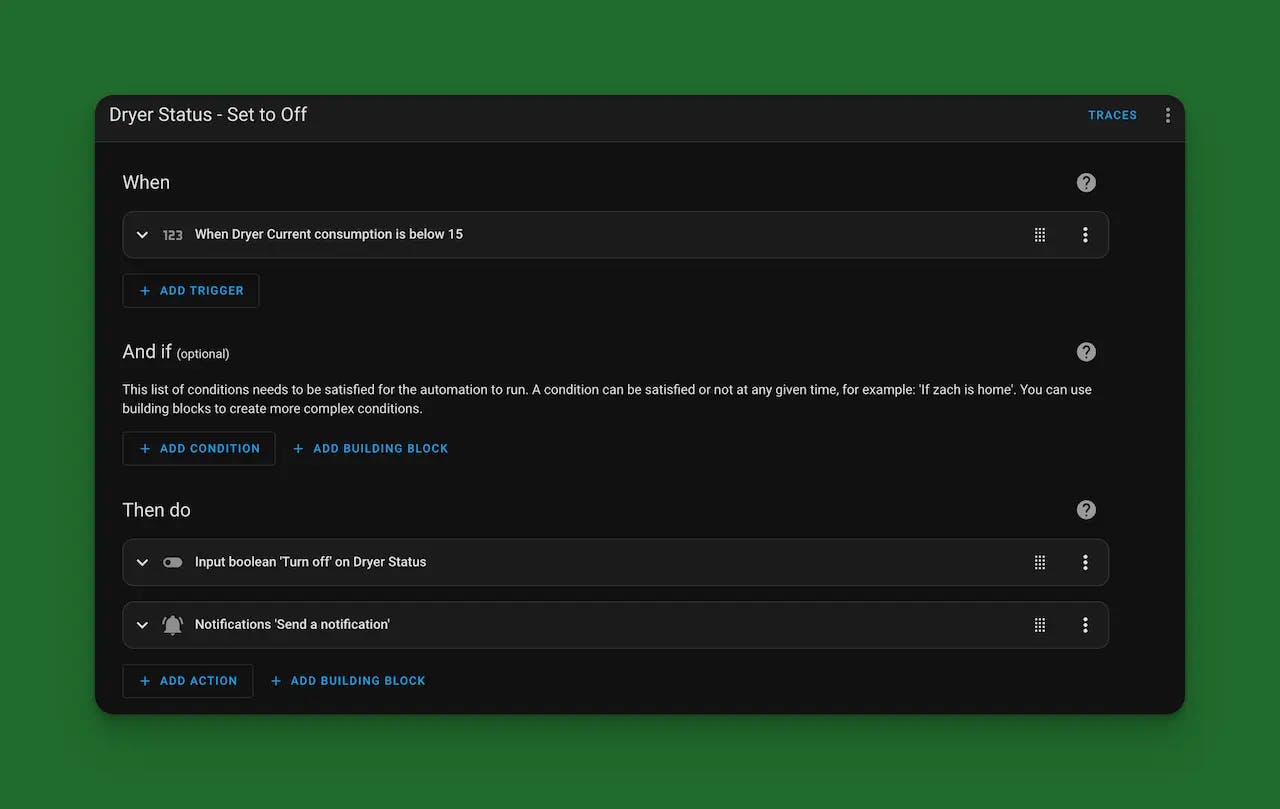 screenshot of the automation steps for dryer status - set to off in home assistant 