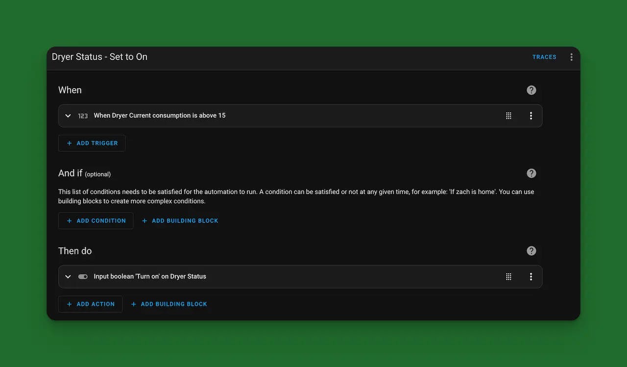 screenshot of the automation steps for dryer status - set to on in home assistant 
