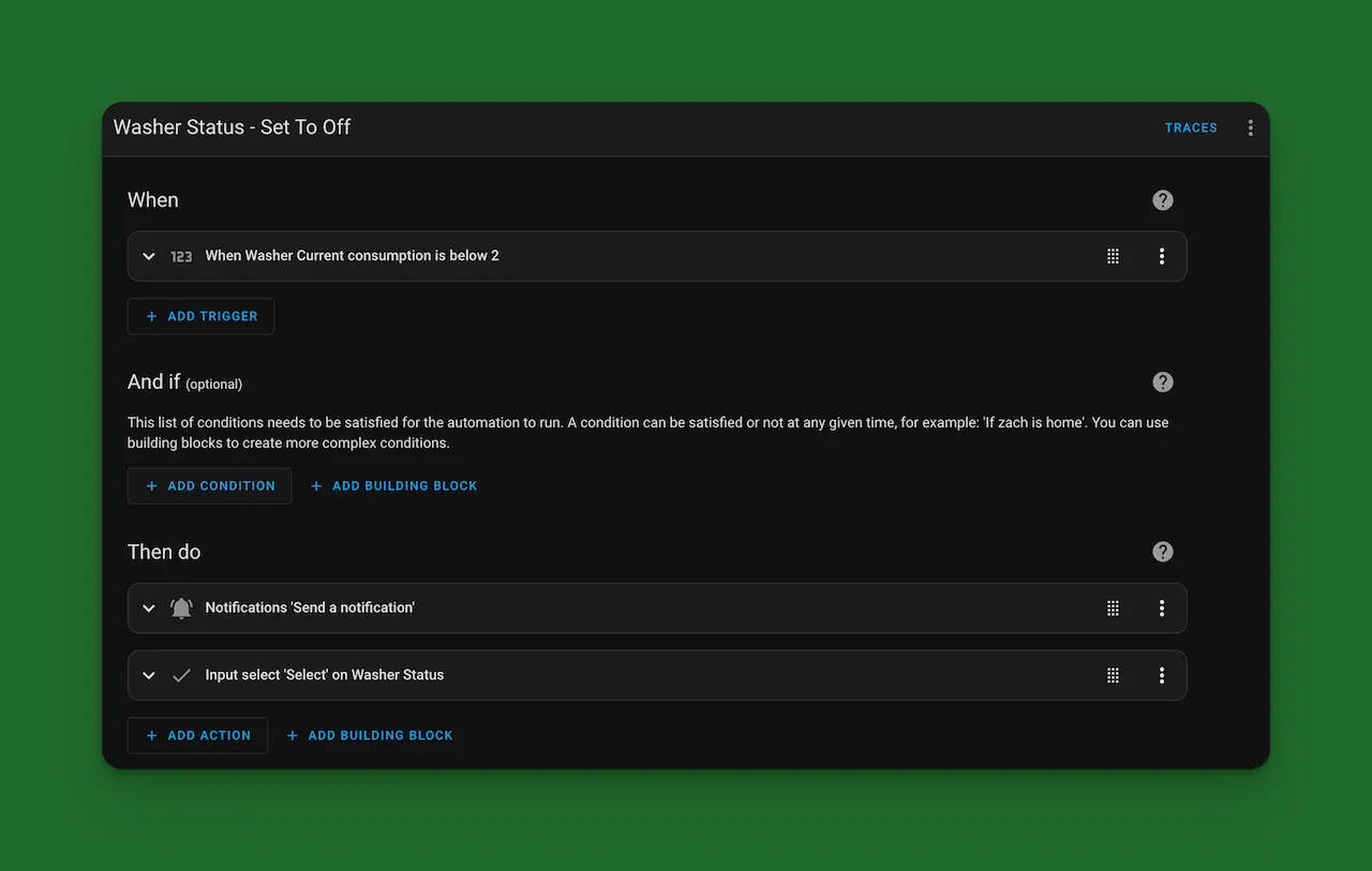 screenshot of the automation steps for washer status - set to off in home assistant 