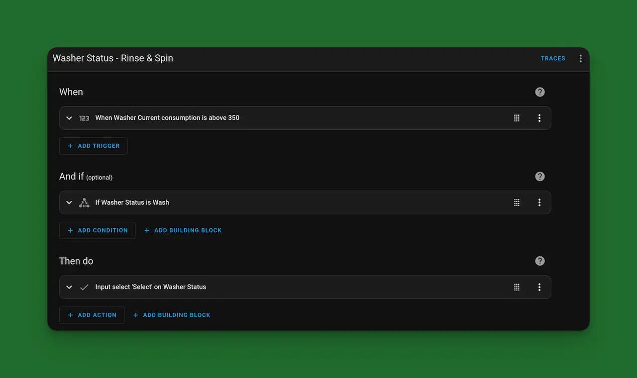 screenshot of the automation steps for washer status - rinse and spin in home assistant 