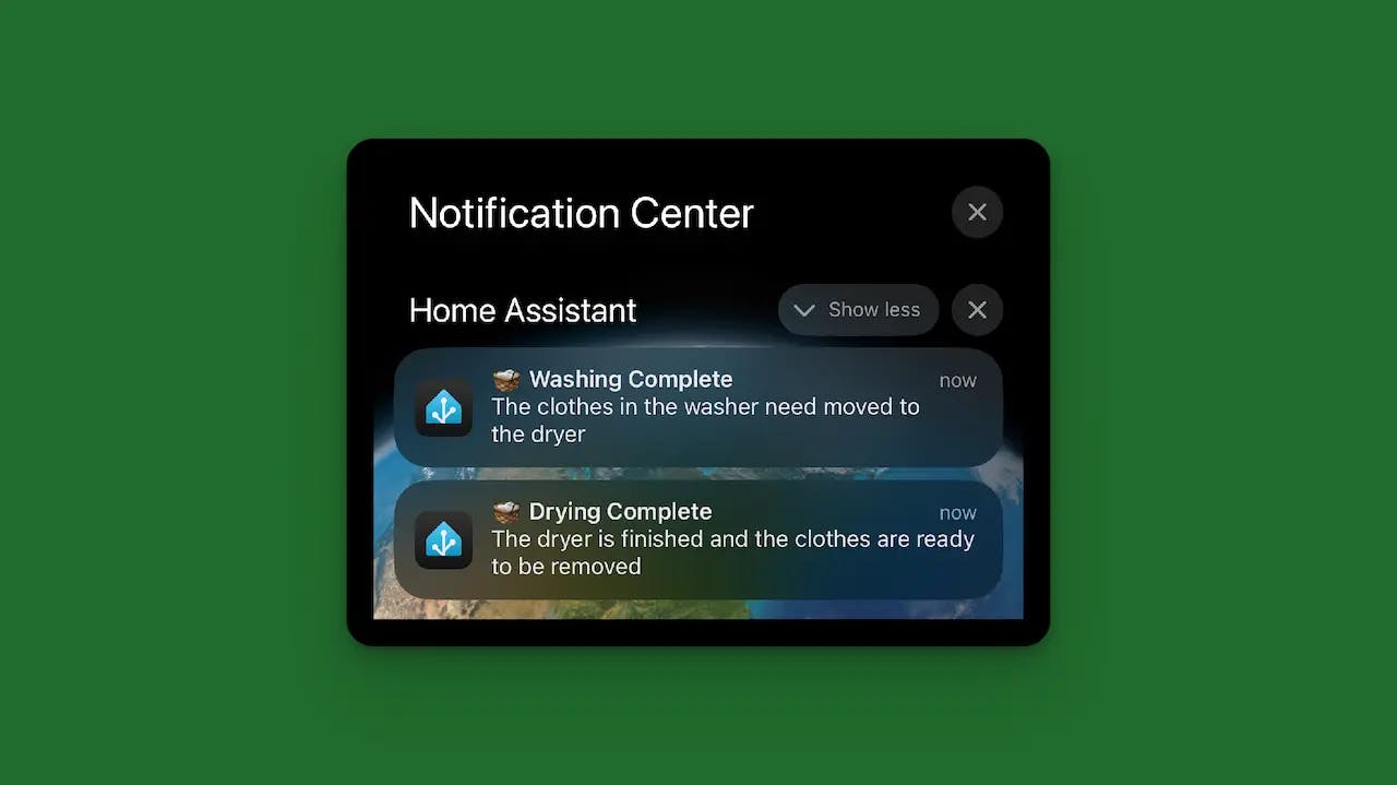 screenshot of an iphone notification center with two notifications from home assistant saying the washer and dryer cycles have finished