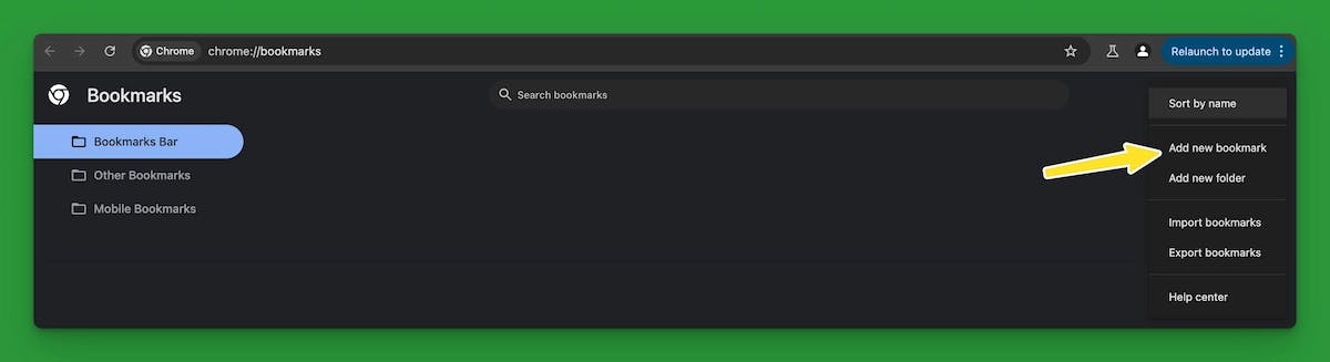Screenshot of Google Chrome's bookmark manager with yellow arrow pointing to Add new bookmark on dropdown menu