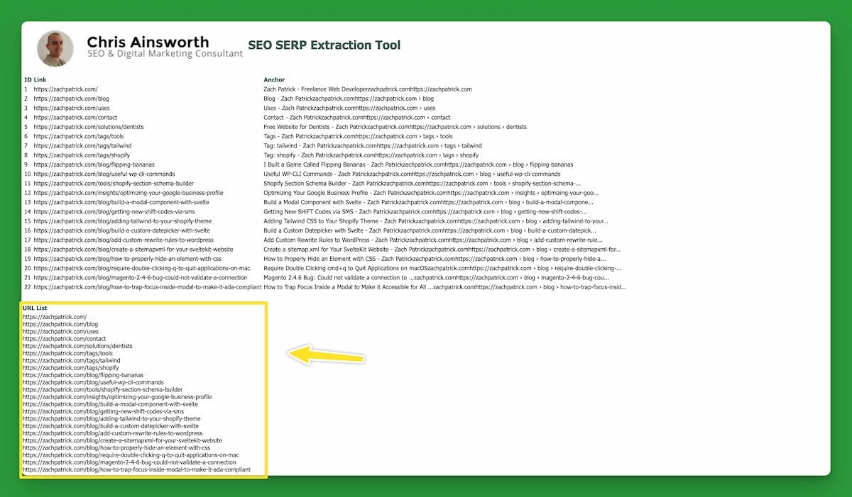Screenshot of a list of URLs extracted from Google using chris ainsworth's SEO SERP Extraction Tool