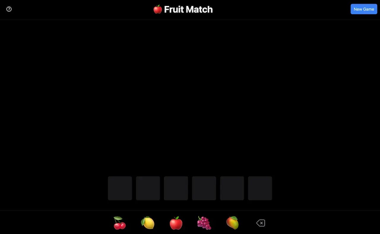 Screenshot of a starting board for a fruit matching game, with five fruit emojis at the bottom below six blank gray squares