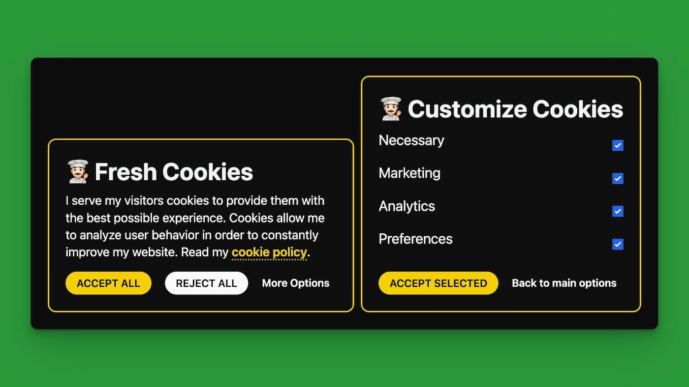 An example of a cookie consent banner showing a screen with accept and reject buttons as well as a screen with custom options