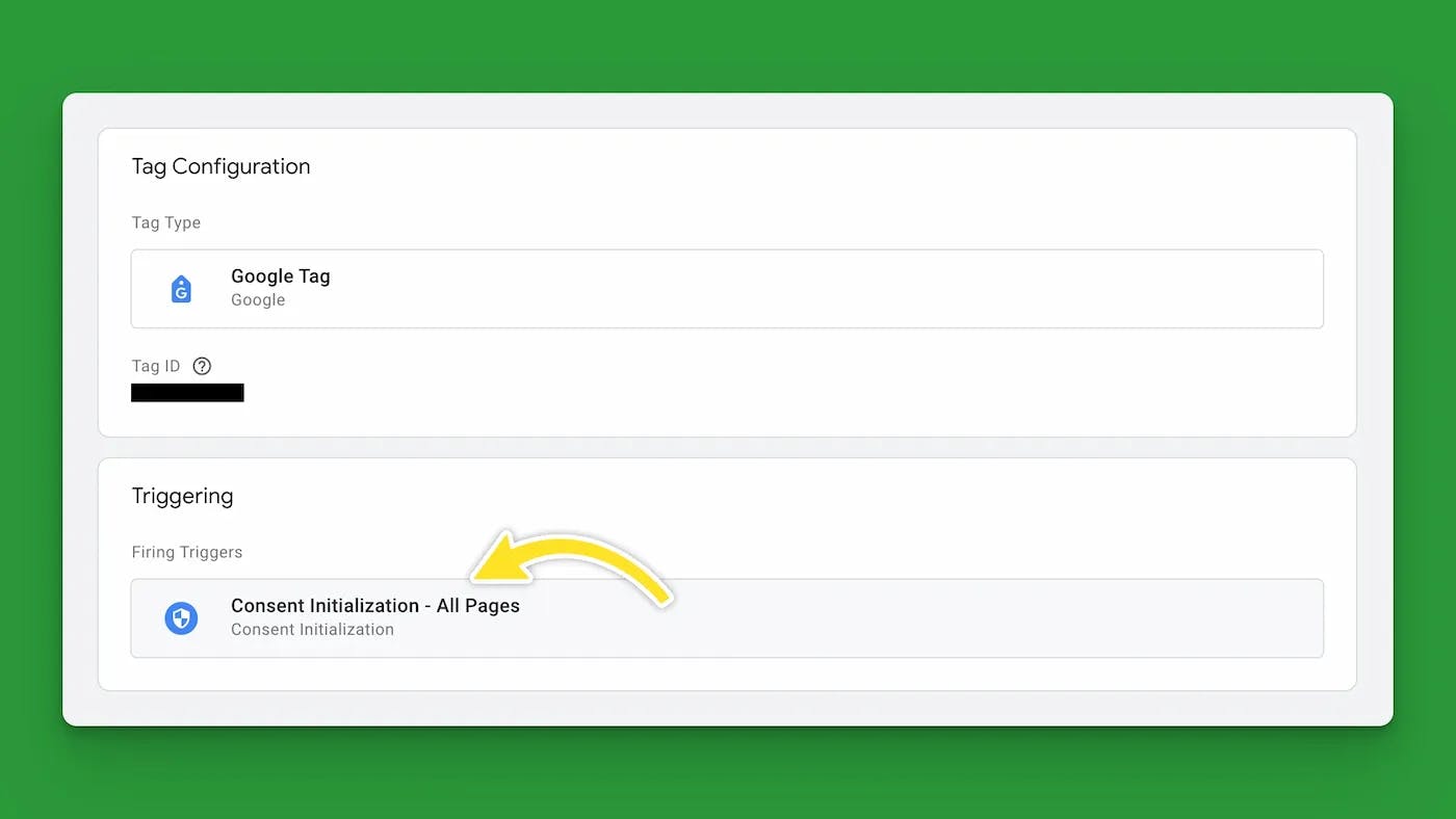 A screenshot of Google Tag Manager's tag configuration with a yellow arrow pointing to the Consent Initialization - All Pages trigger
