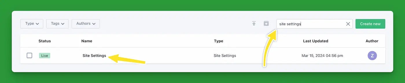 screenshot of prismic dashboard with "site settings" in the search bar and yellow arrow pointing the site settings document